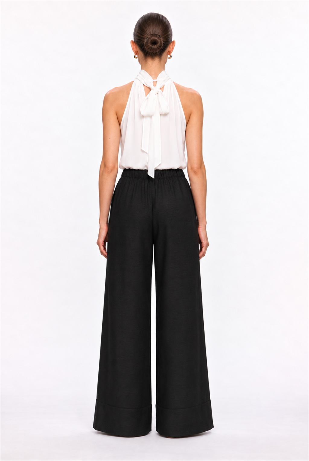 BLACK DRAWSTRING LINEN-EFFECT PALAZZO PANTS - back view