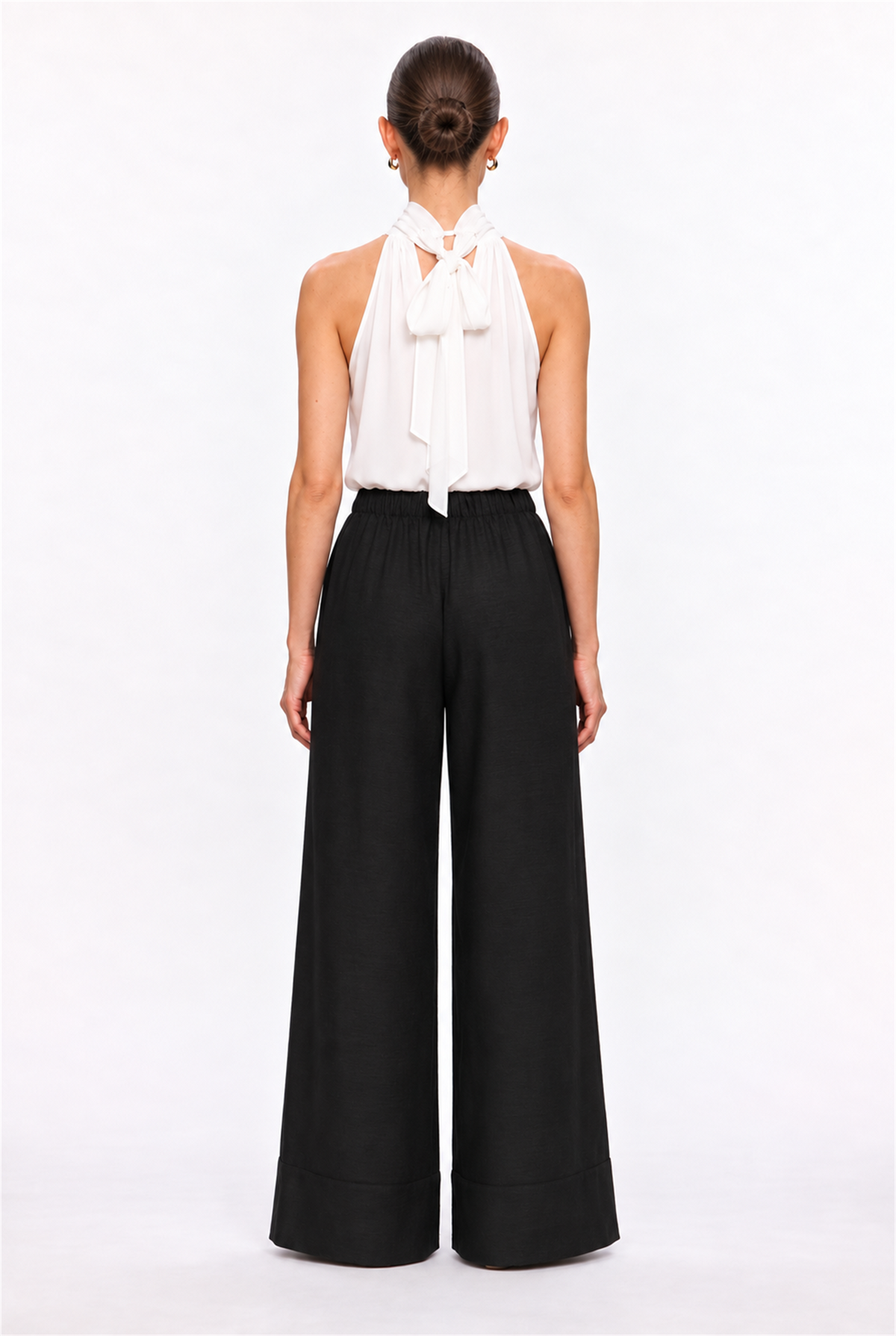 BLACK DRAWSTRING LINEN-EFFECT PALAZZO PANTS - back view
