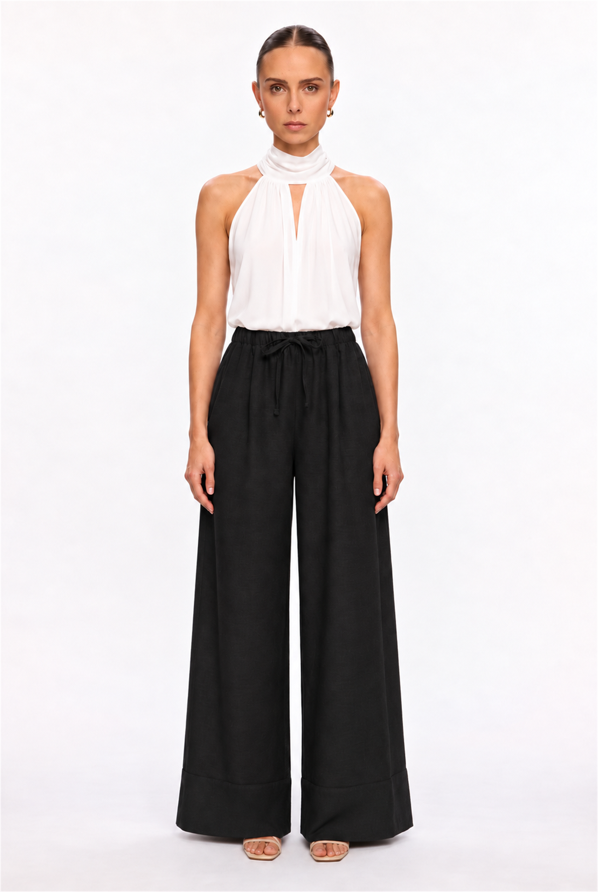 BLACK DRAWSTRING LINEN-EFFECT PALAZZO PANTS - front view