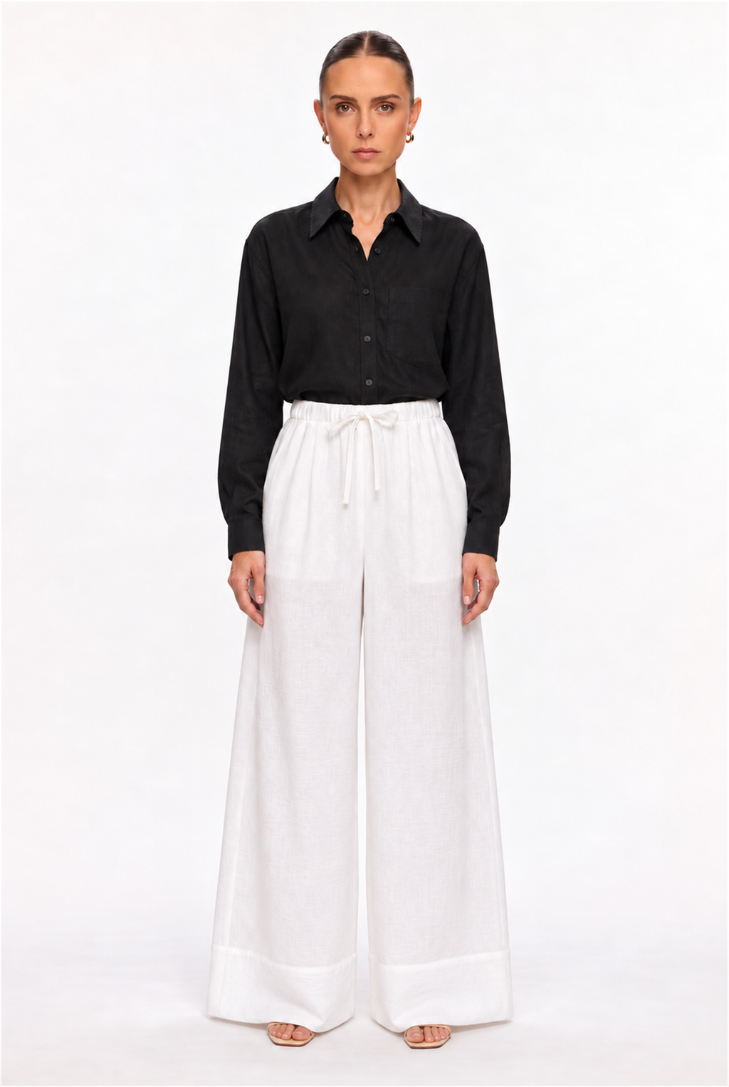 OFF-WHITE DRAWSTRING LINEN-EFFECT PALAZZO PANTS - front view