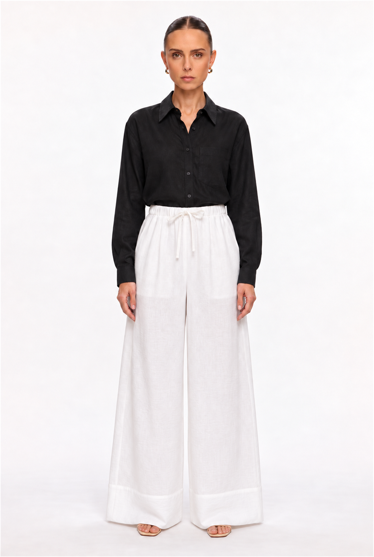 OFF-WHITE DRAWSTRING LINEN-EFFECT PALAZZO PANTS - front view