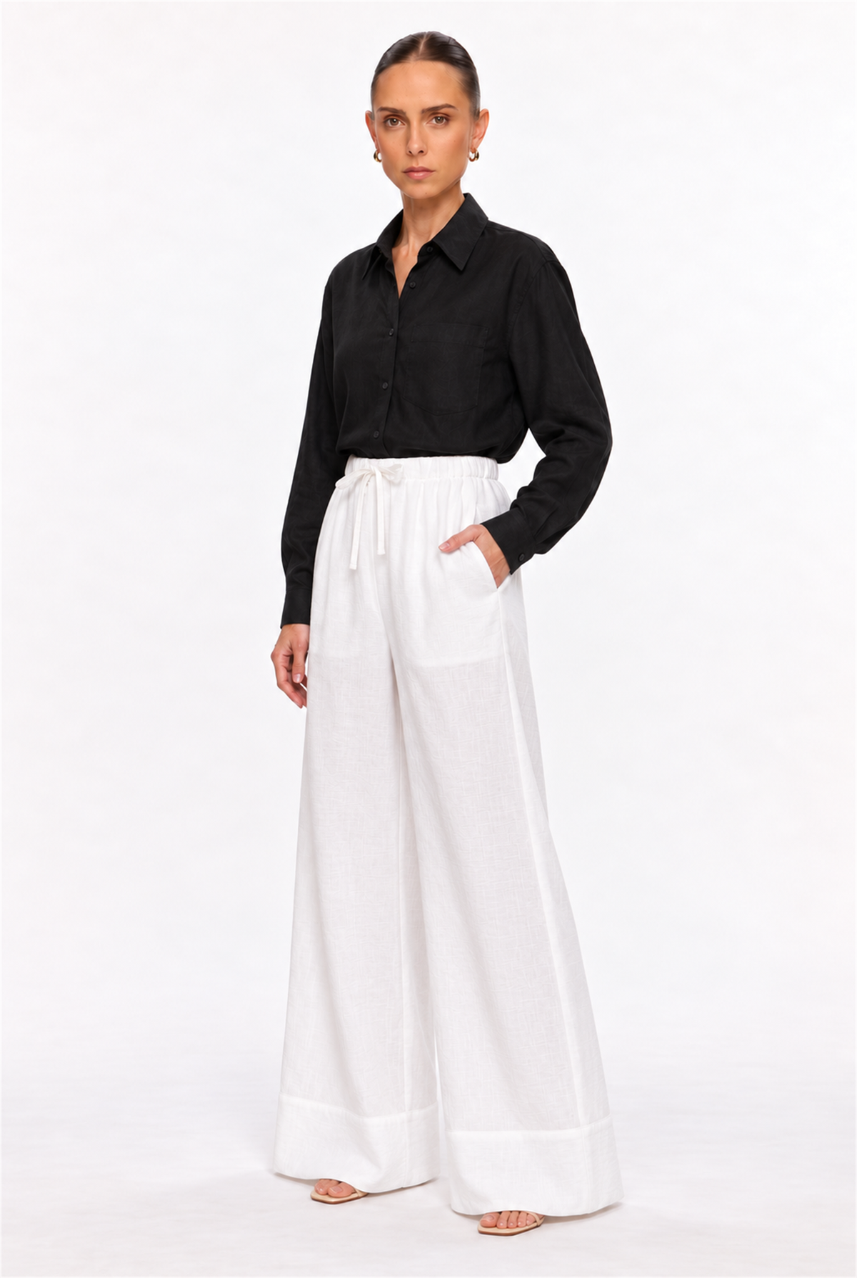 OFF-WHITE DRAWSTRING LINEN-EFFECT PALAZZO PANTS - three-quarter view