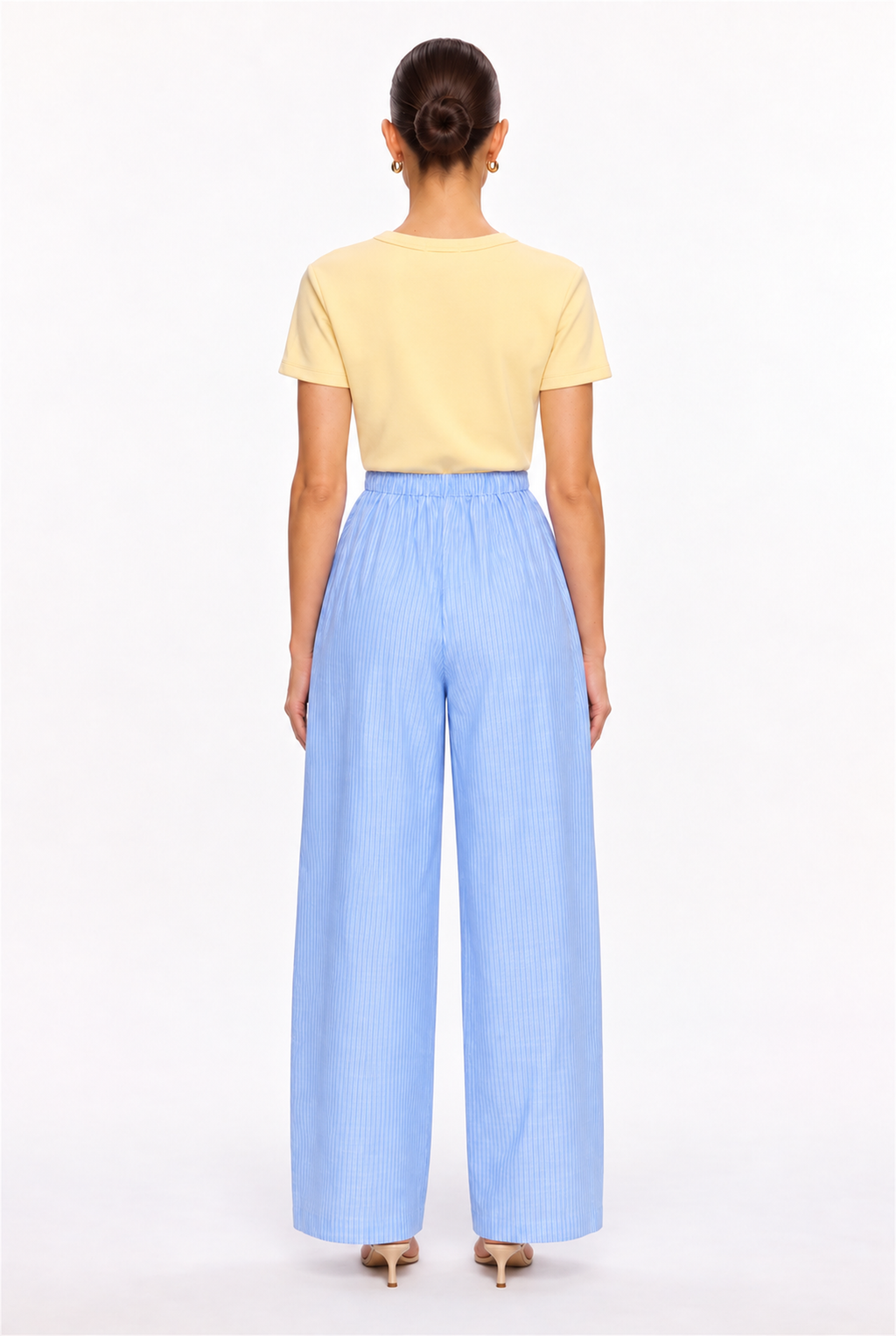 BLUE STRIPED GAUZE DRAWSTRING WIDE-LEG PANTS - back view