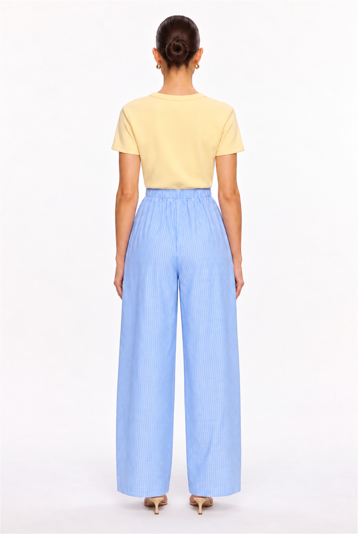 BLUE STRIPED GAUZE DRAWSTRING WIDE-LEG PANTS - back view