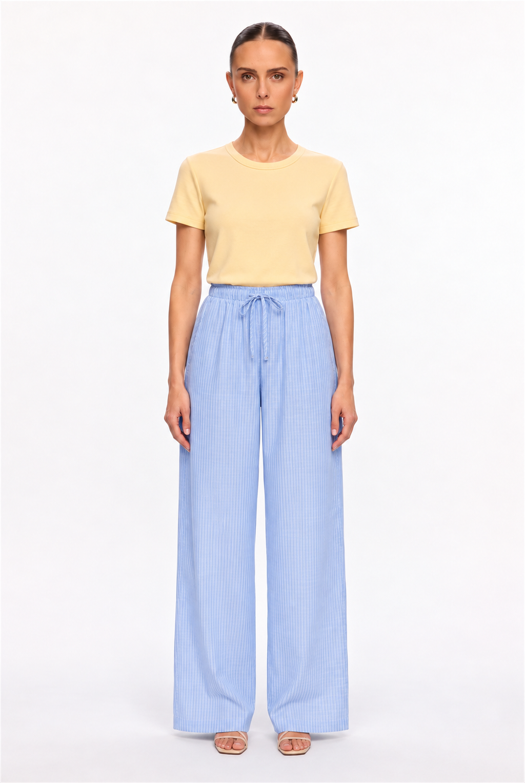 BLUE STRIPED GAUZE DRAWSTRING WIDE-LEG PANTS - front view