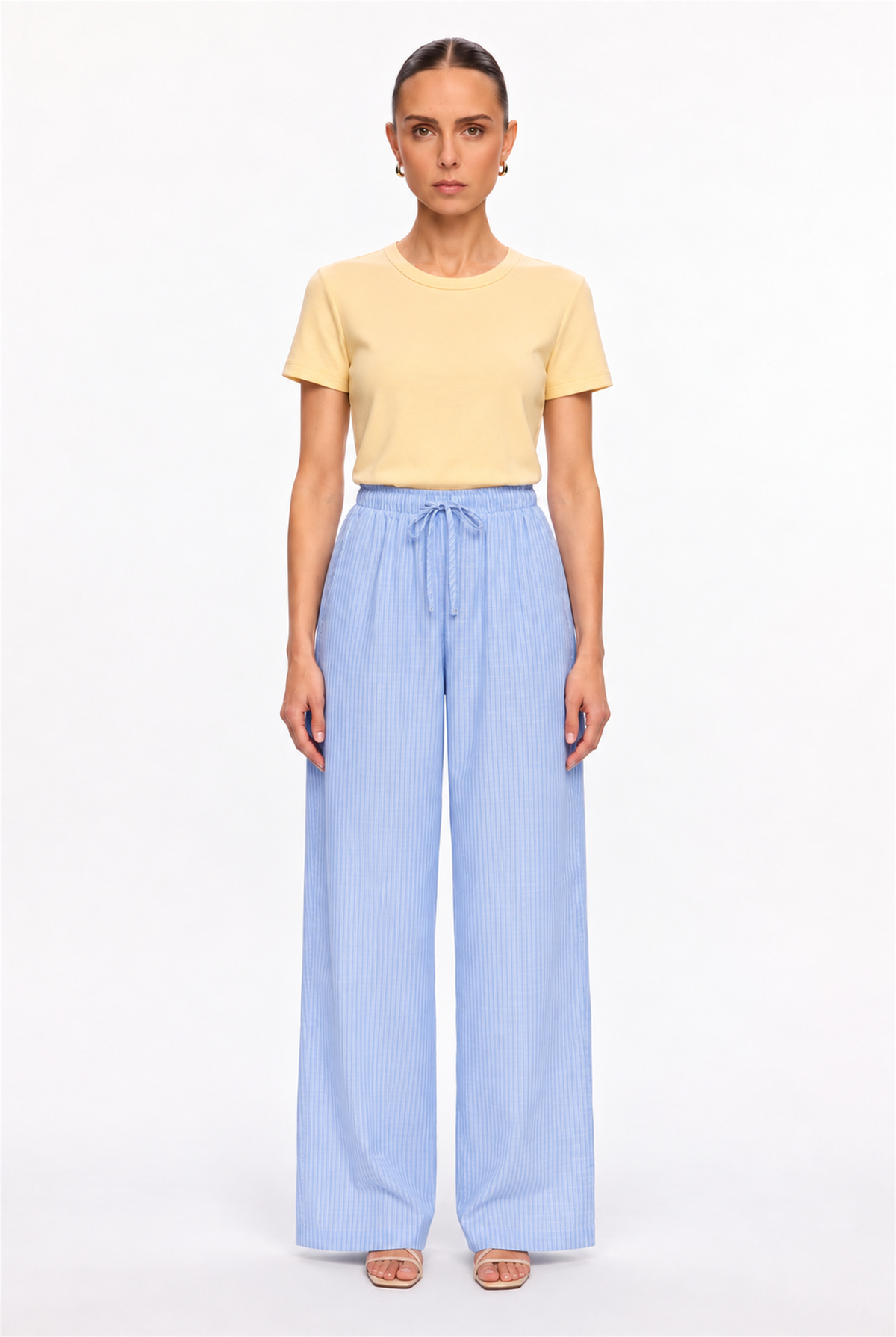 BLUE STRIPED GAUZE DRAWSTRING WIDE-LEG PANTS - front view