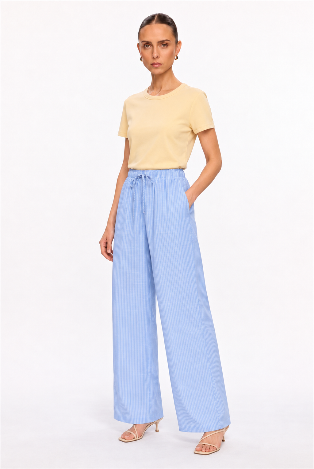 BLUE STRIPED GAUZE DRAWSTRING WIDE-LEG PANTS - three-quarter view