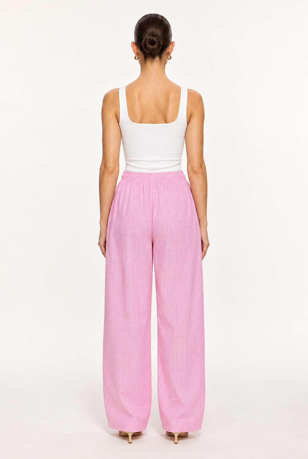 PINK STRIPED GAUZE DRAWSTRING WIDE-LEG PANTS - back view