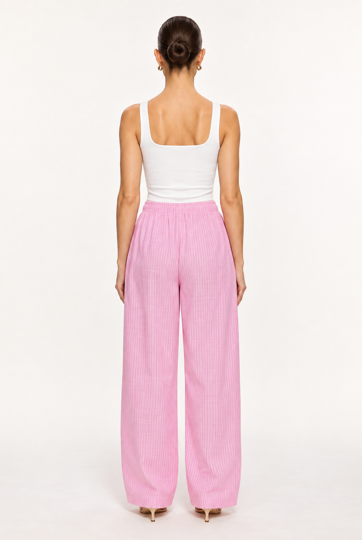 PINK STRIPED GAUZE DRAWSTRING WIDE-LEG PANTS - back view