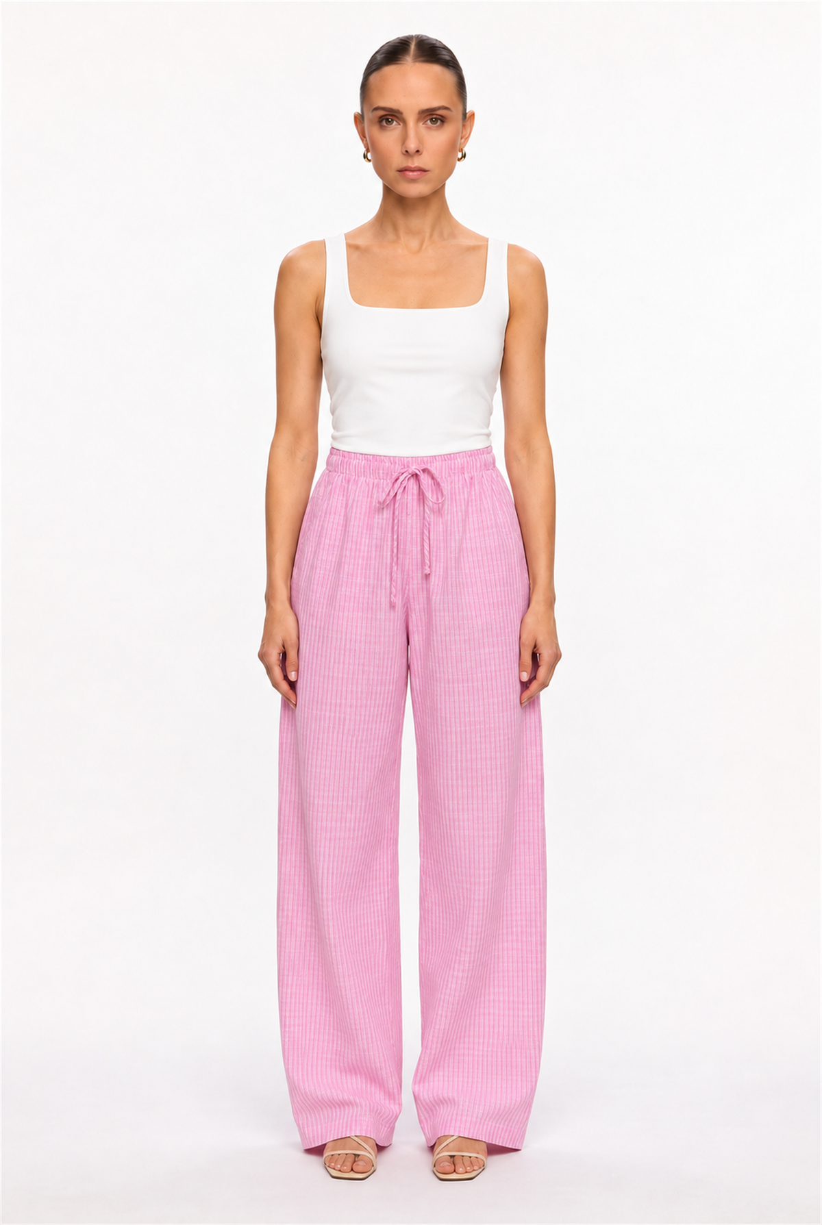 PINK STRIPED GAUZE DRAWSTRING WIDE-LEG PANTS - front view