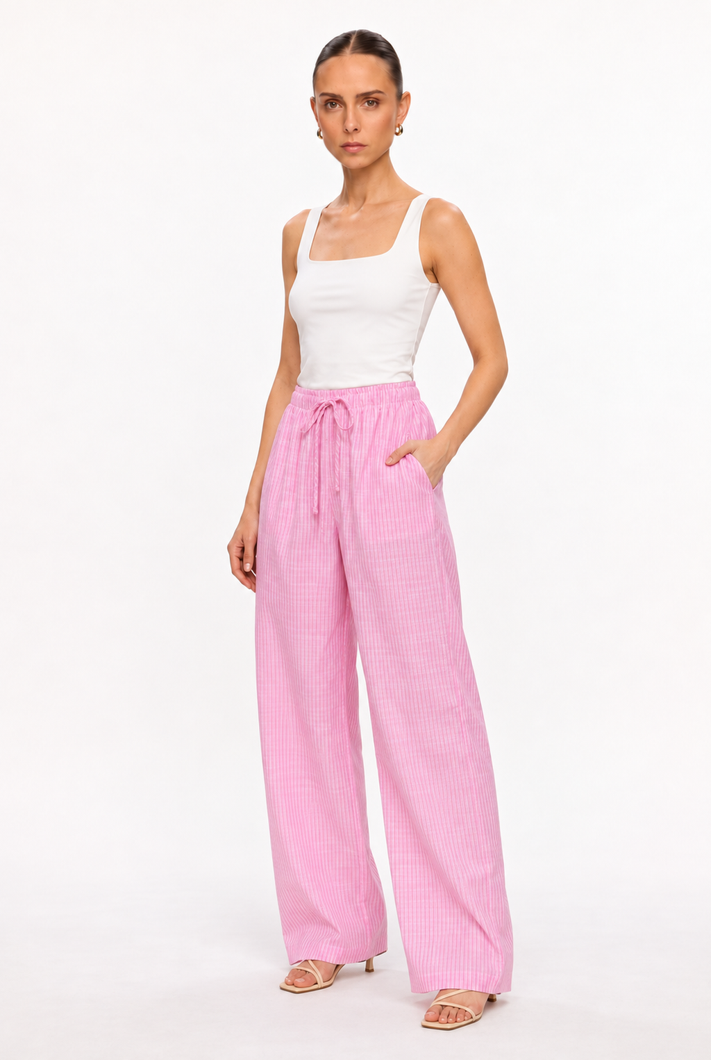 PINK STRIPED GAUZE DRAWSTRING WIDE-LEG PANTS - three-quarter view