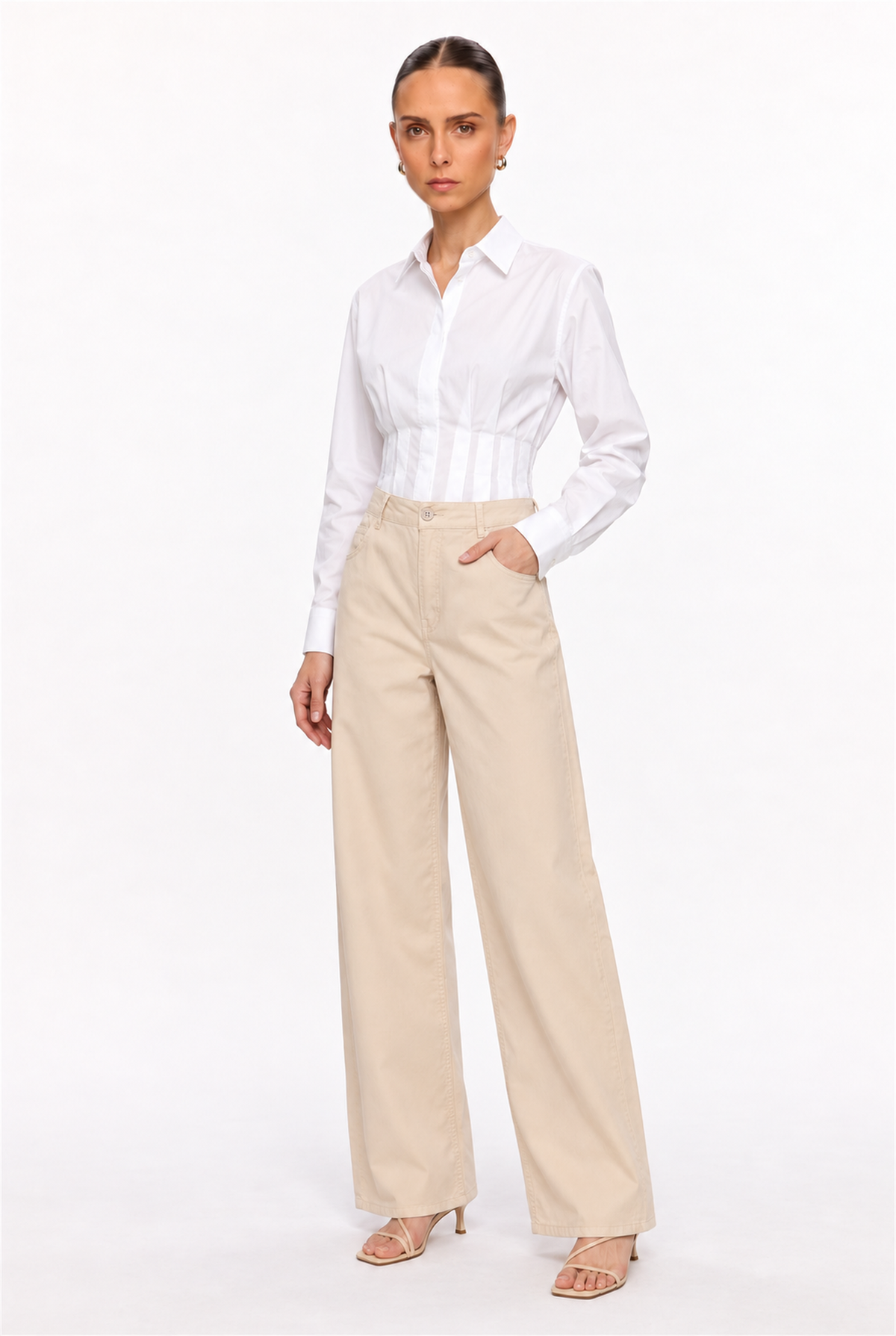 KHAKI COTTON-TWILL STRAIGHT-LEG PANTS - three-quarter view