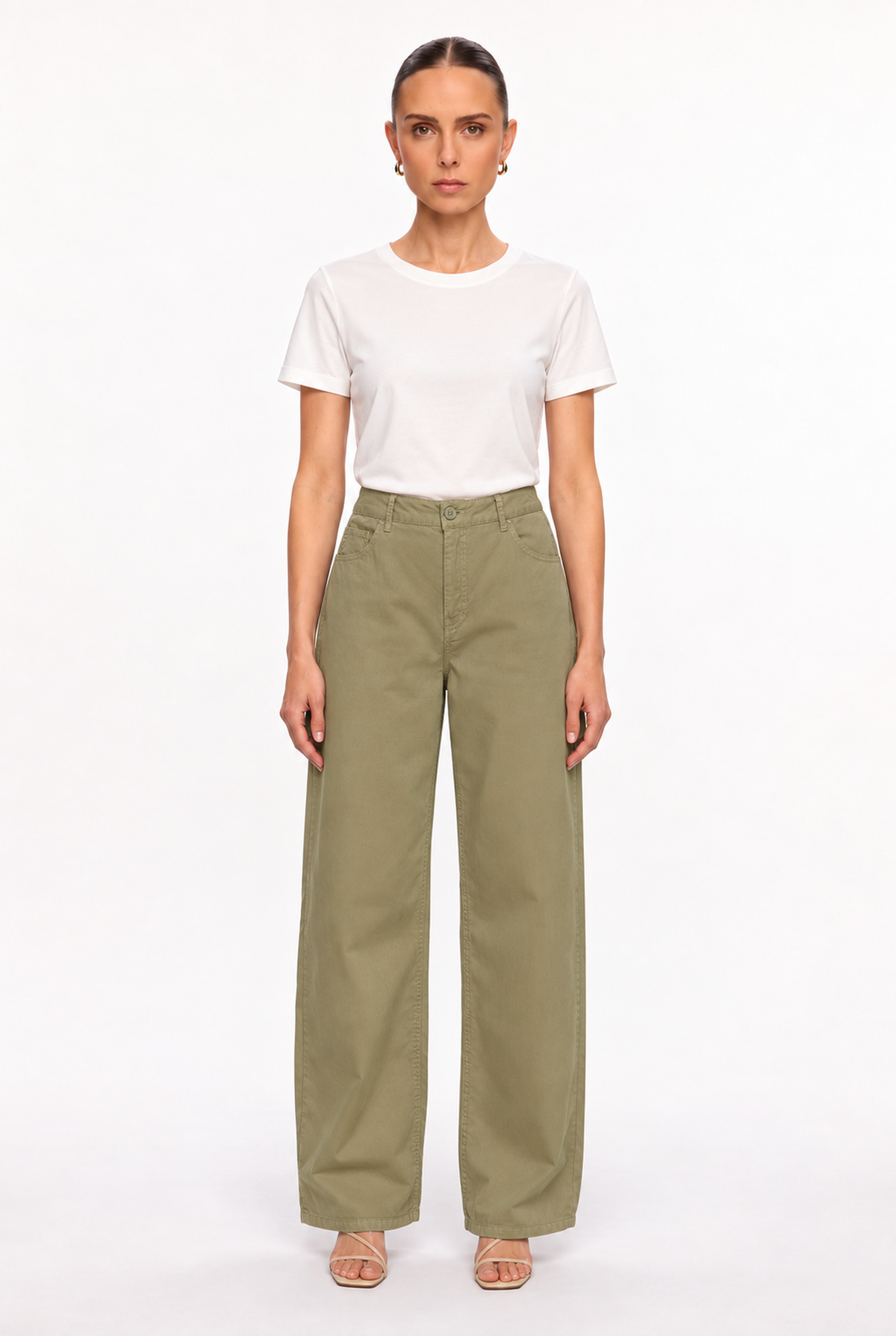 LIGHT OLIVE COTTON-TWILL STRAIGHT-LEG PANTS - front view