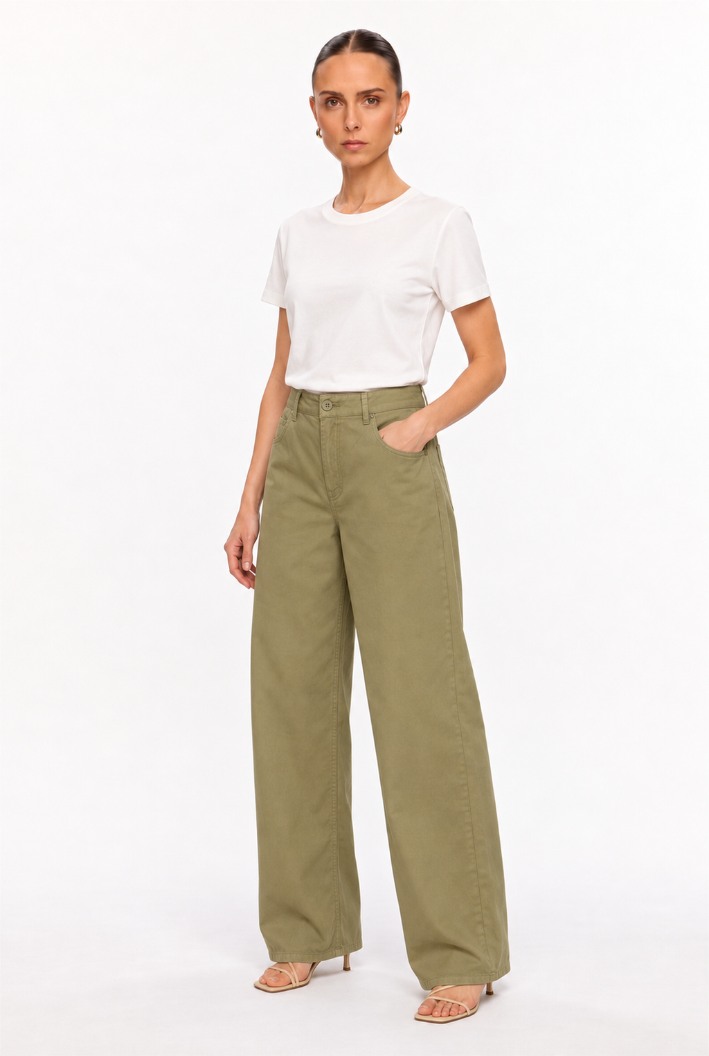 LIGHT OLIVE COTTON-TWILL STRAIGHT-LEG PANTS - three-quarter view