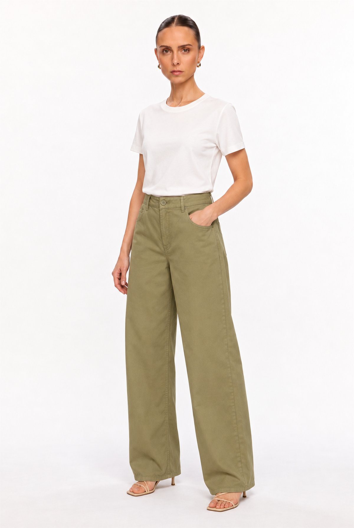 LIGHT OLIVE COTTON-TWILL STRAIGHT-LEG PANTS - three-quarter view