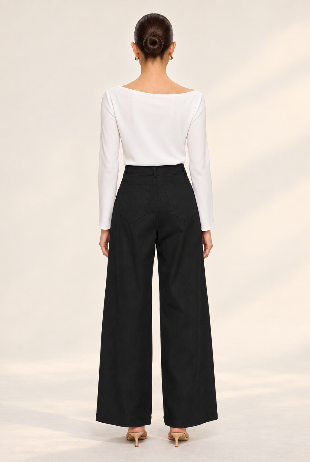 BLACK SEAMED HIGH-WAIST WIDE-LEG PANTS - back view