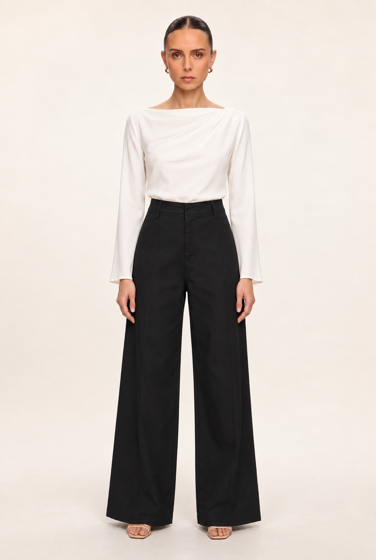 BLACK SEAMED HIGH-WAIST WIDE-LEG PANTS - front view