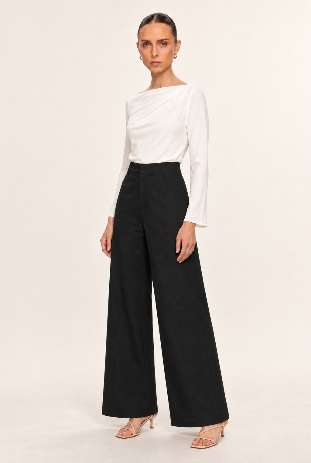 BLACK SEAMED HIGH-WAIST WIDE-LEG PANTS - three-quarter view