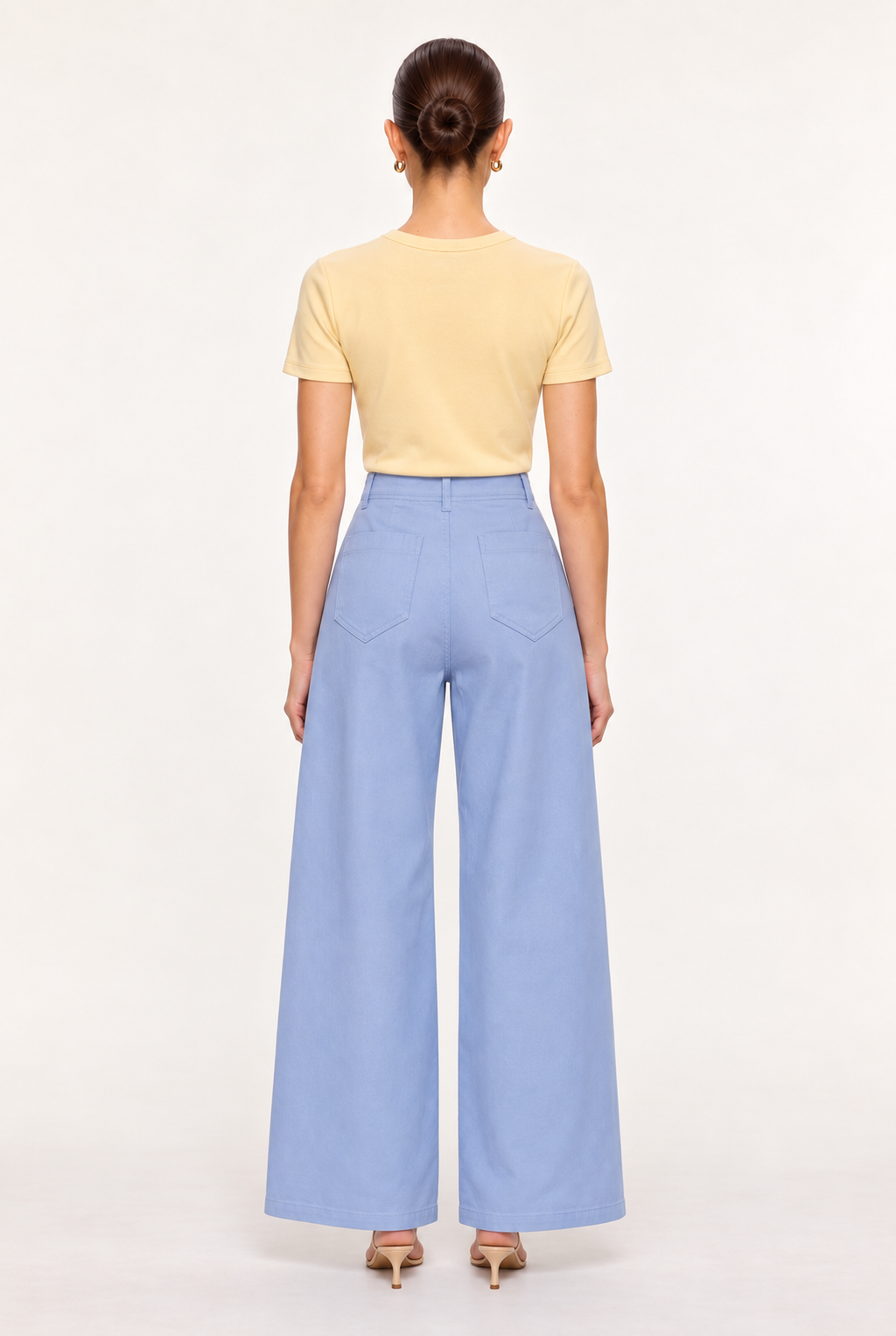 POWDER BLUE SEAMED HIGH-WAIST WIDE-LEG PANTS - back view