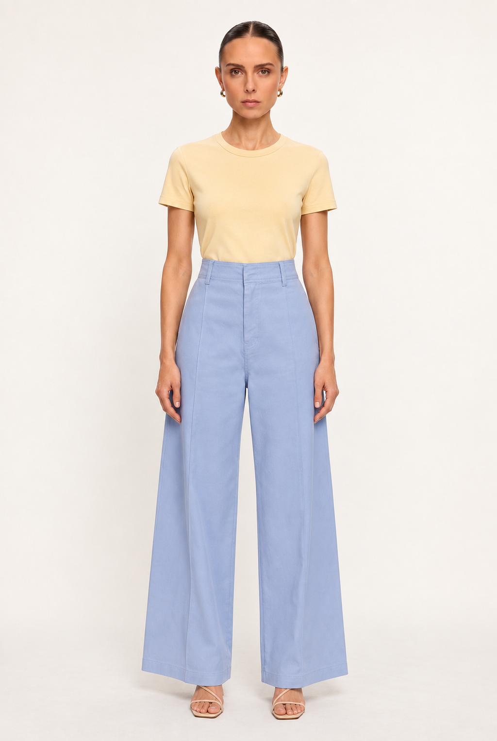 POWDER BLUE SEAMED HIGH-WAIST WIDE-LEG PANTS - front view