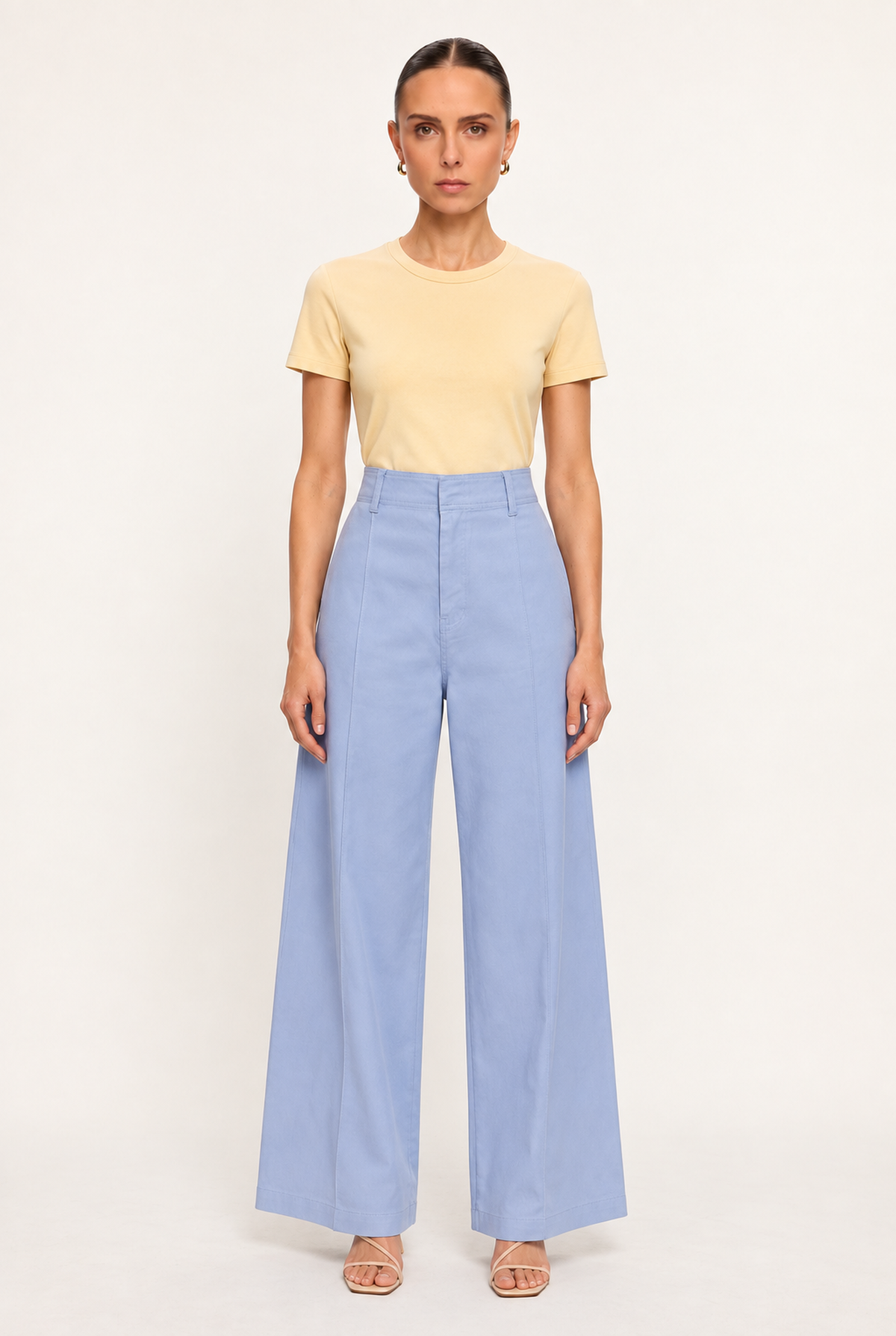POWDER BLUE SEAMED HIGH-WAIST WIDE-LEG PANTS - front view