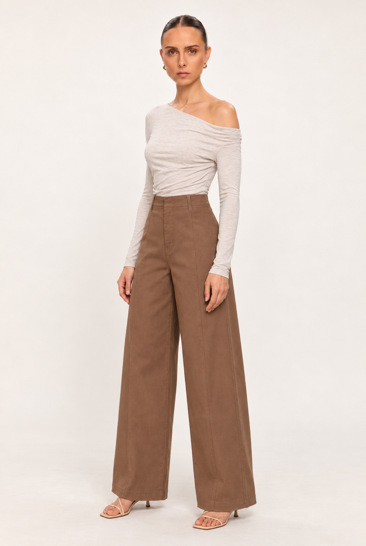 COCOA SEAMED HIGH-WAIST WIDE-LEG PANTS - three-quarter view