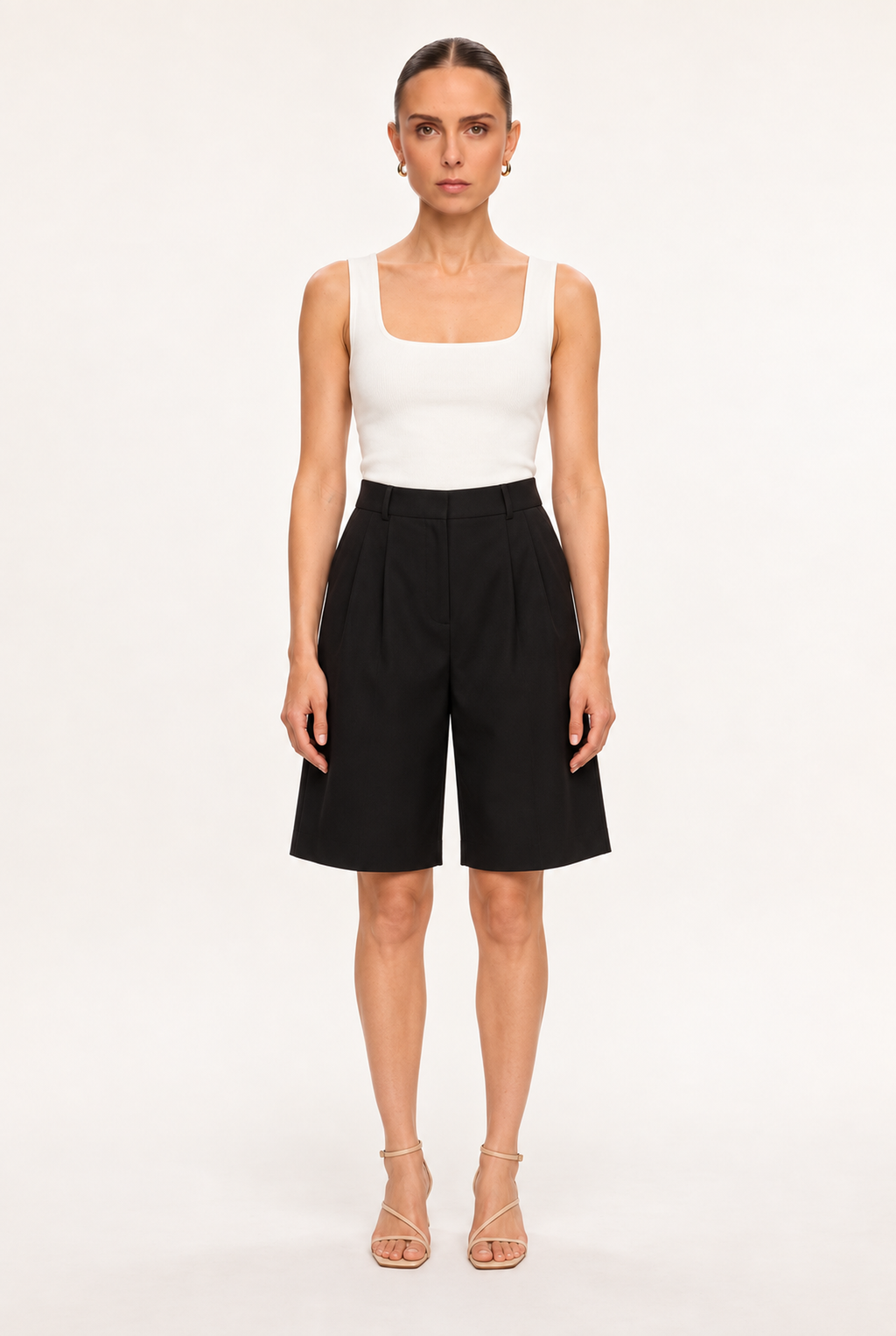 BLACK HIGH-RISE TWILL BERMUDA SHORTS - front view
