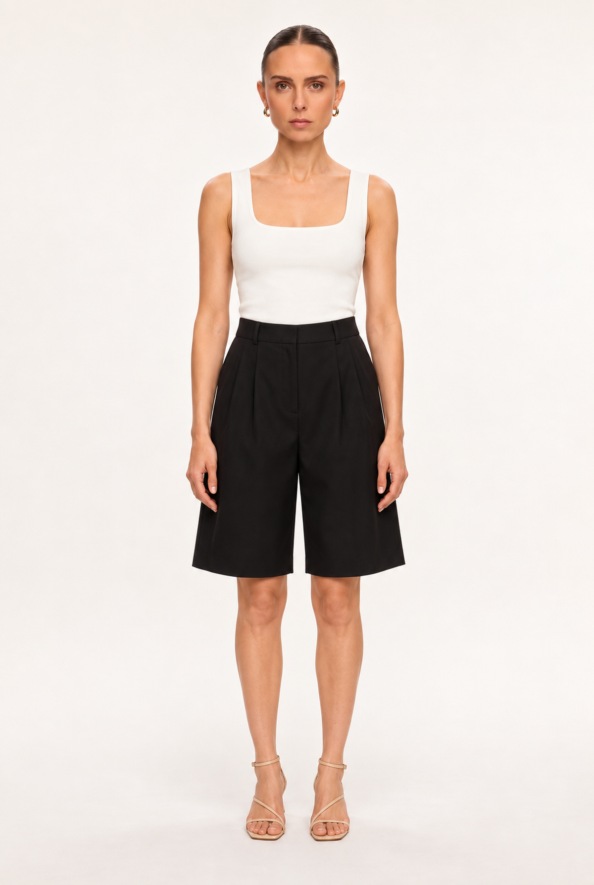 BLACK HIGH-RISE TWILL BERMUDA SHORTS - front view