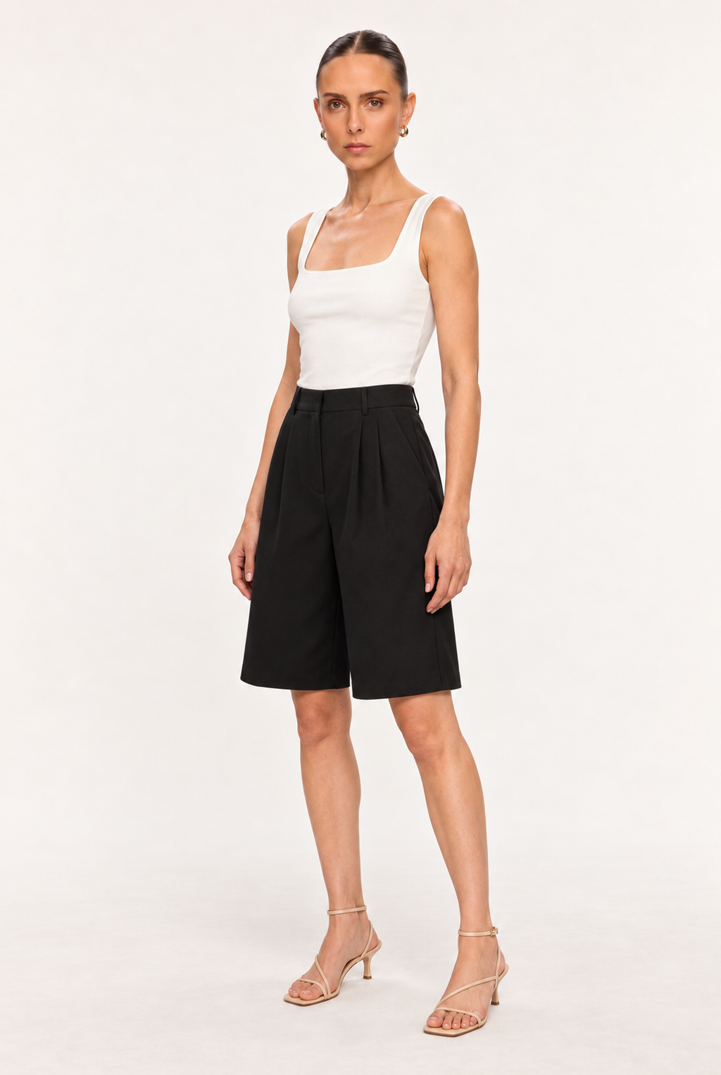 BLACK HIGH-RISE TWILL BERMUDA SHORTS - three-quarter view