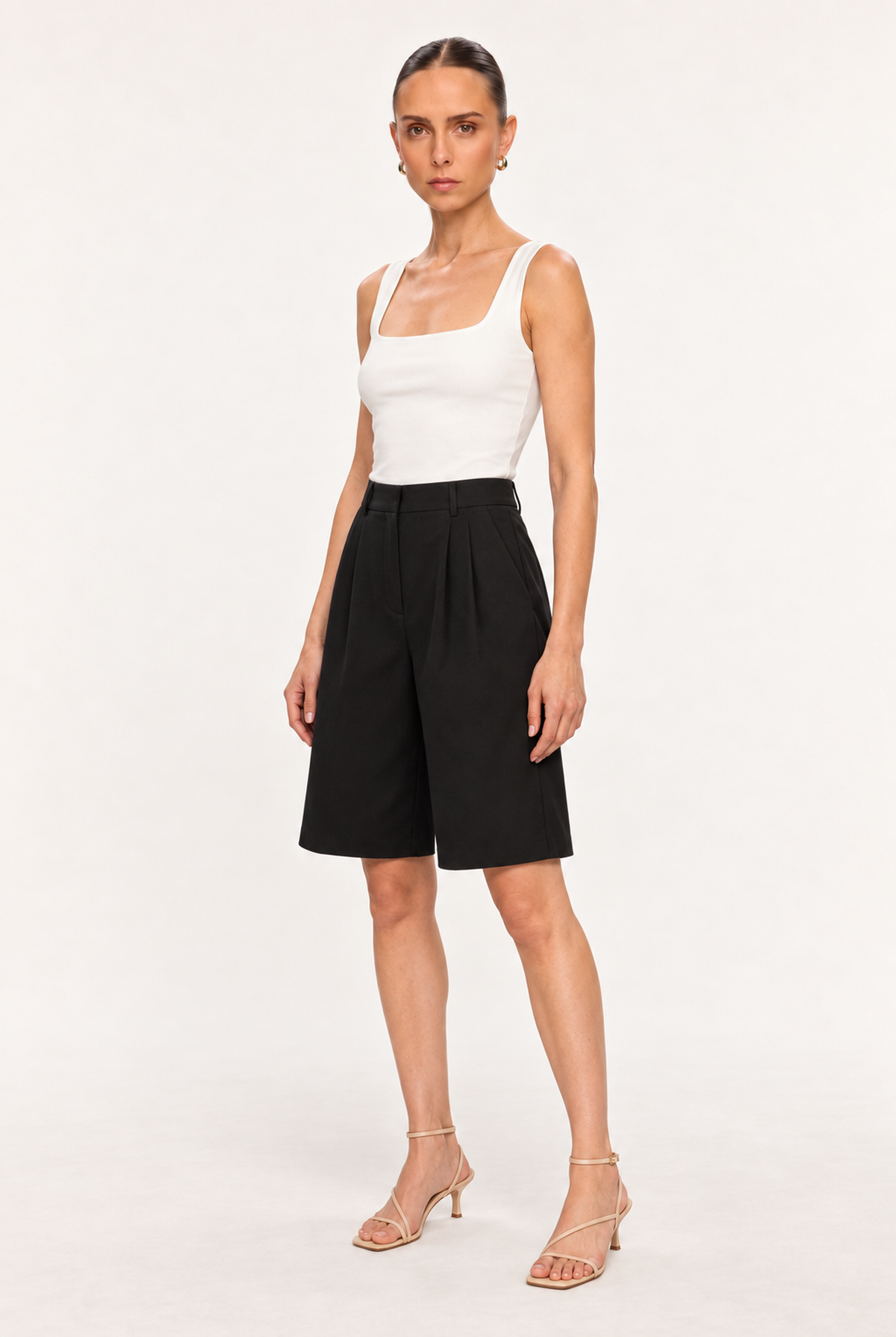 BLACK HIGH-RISE TWILL BERMUDA SHORTS - three-quarter view