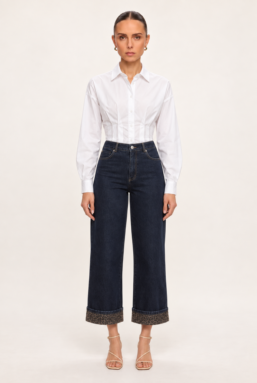 DARK INDIGO LEOPARD-CUFF WIDE-LEG JEANS - front view