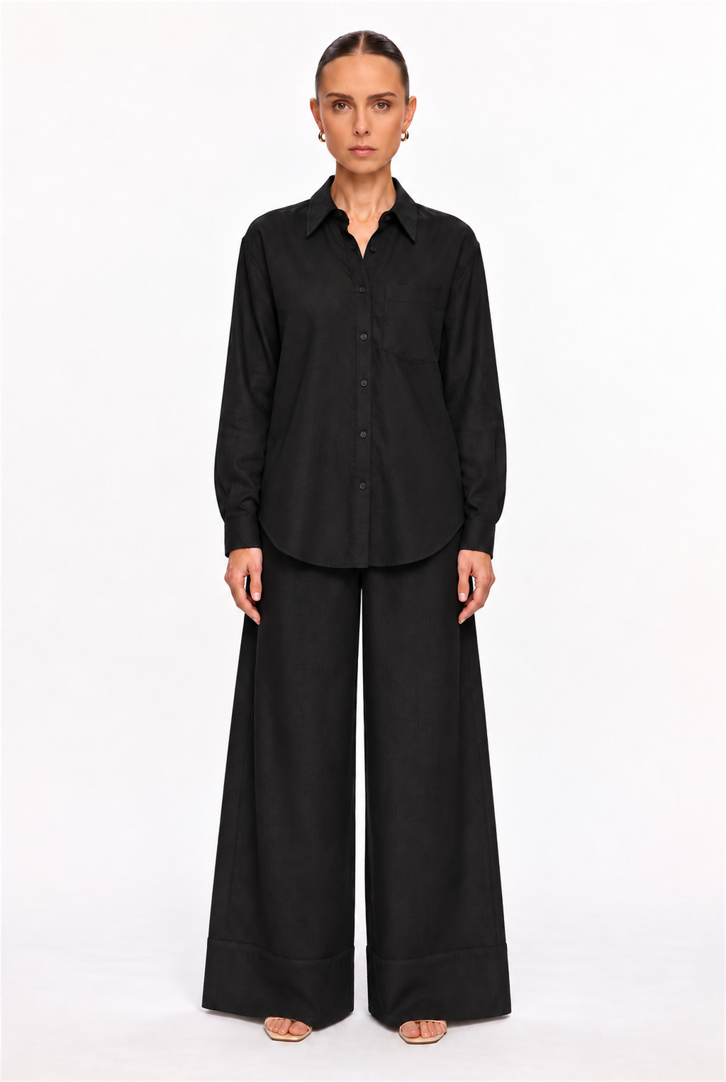 BLACK LINEN-BLEND BUTTON-UP SHIRT - front view