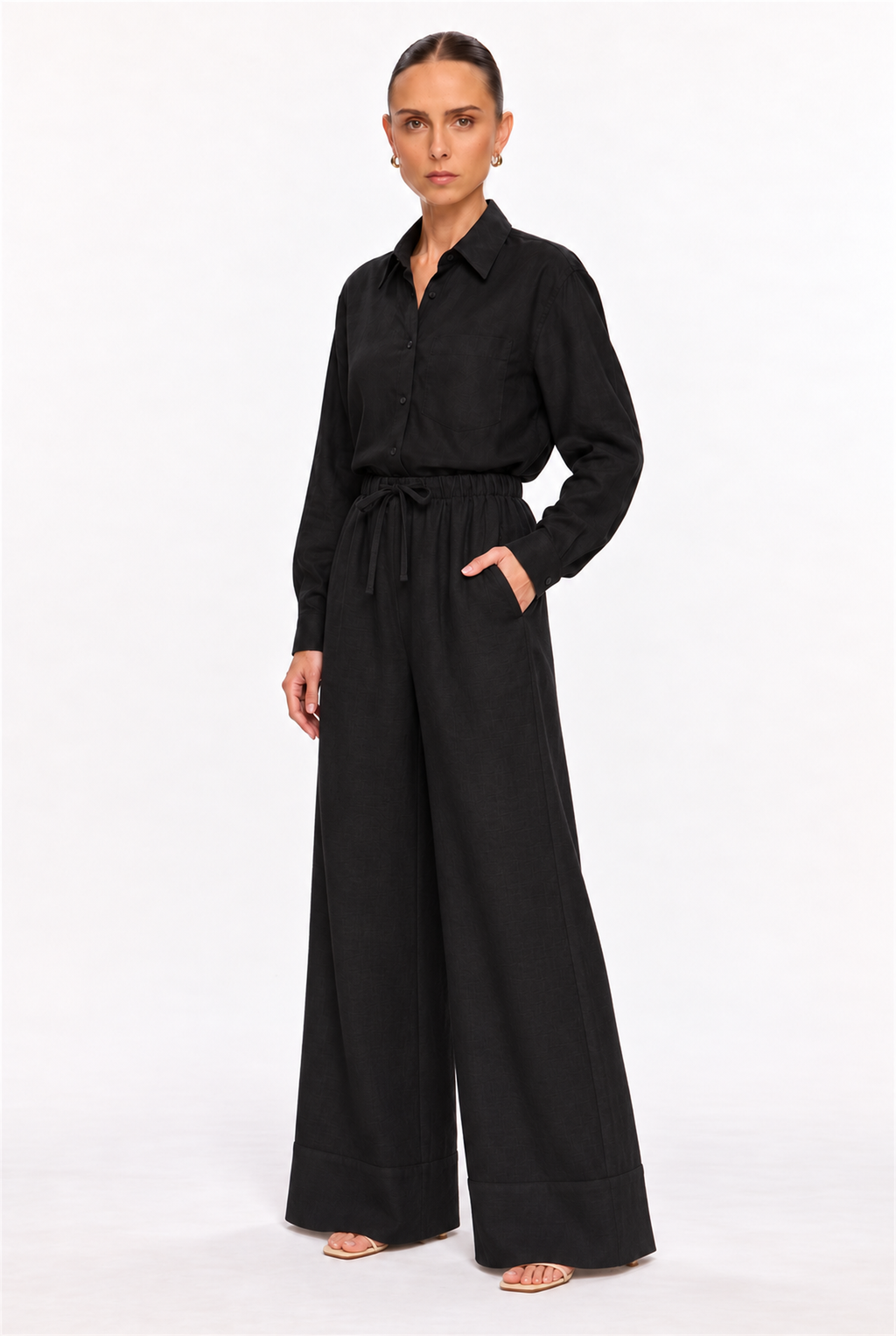 BLACK LINEN-BLEND BUTTON-UP SHIRT - three-quarter view