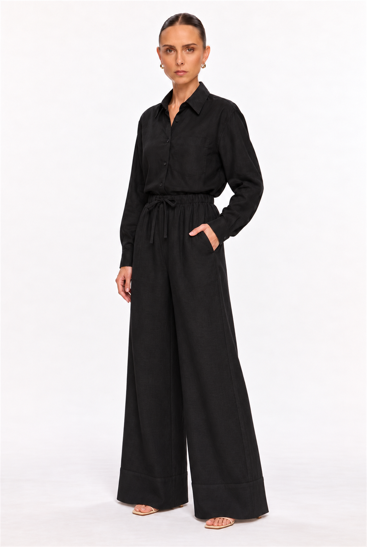 BLACK LINEN-BLEND BUTTON-UP SHIRT - three-quarter view