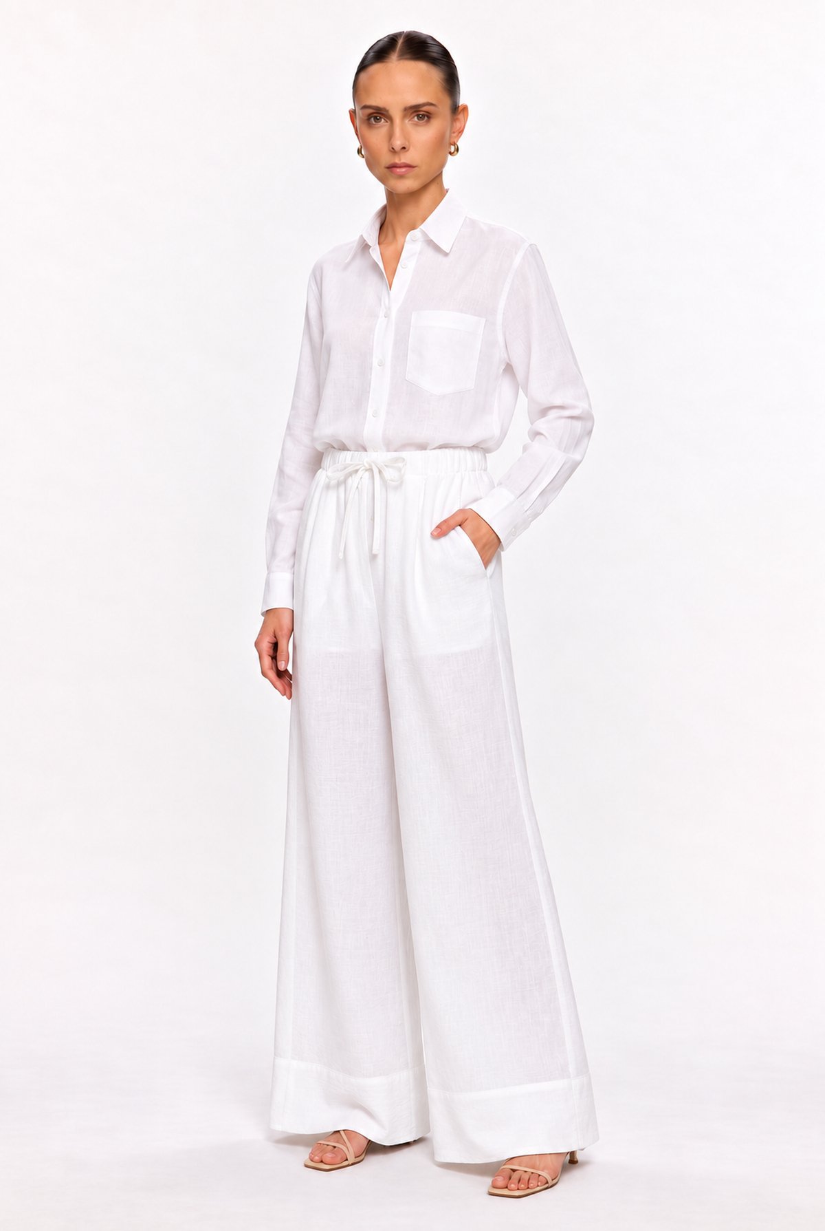 WHITE LINEN-BLEND BUTTON-UP SHIRT - three-quarter view