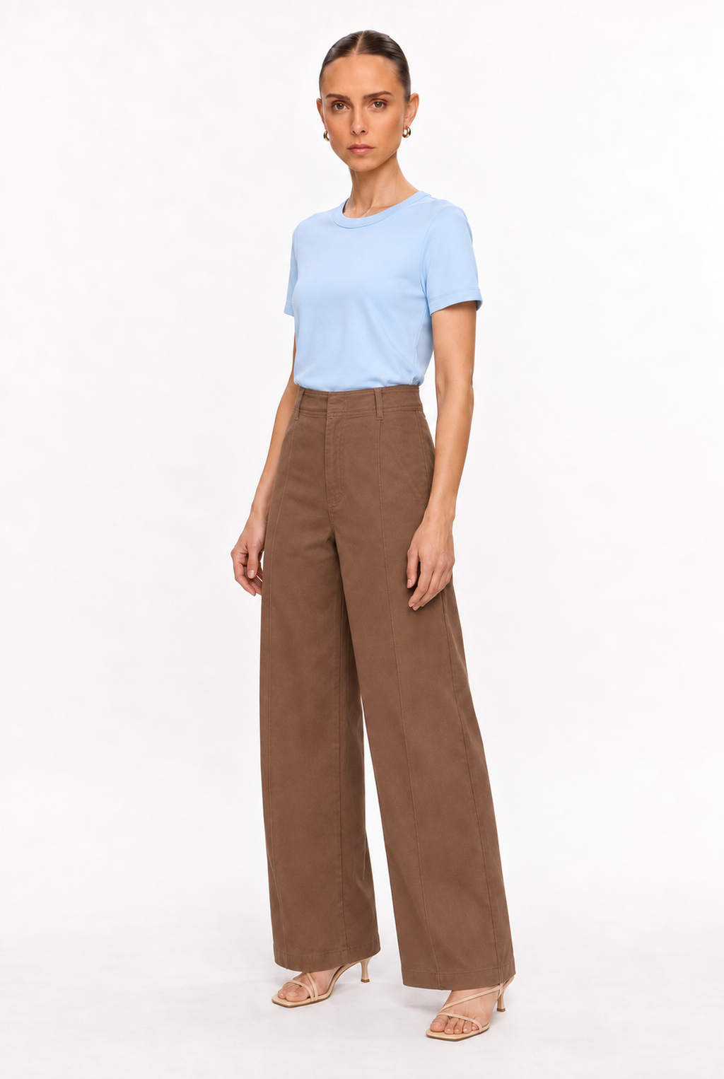 LIGHT BLUE SOFT-KNIT CREW-NECK TOP - three-quarter view