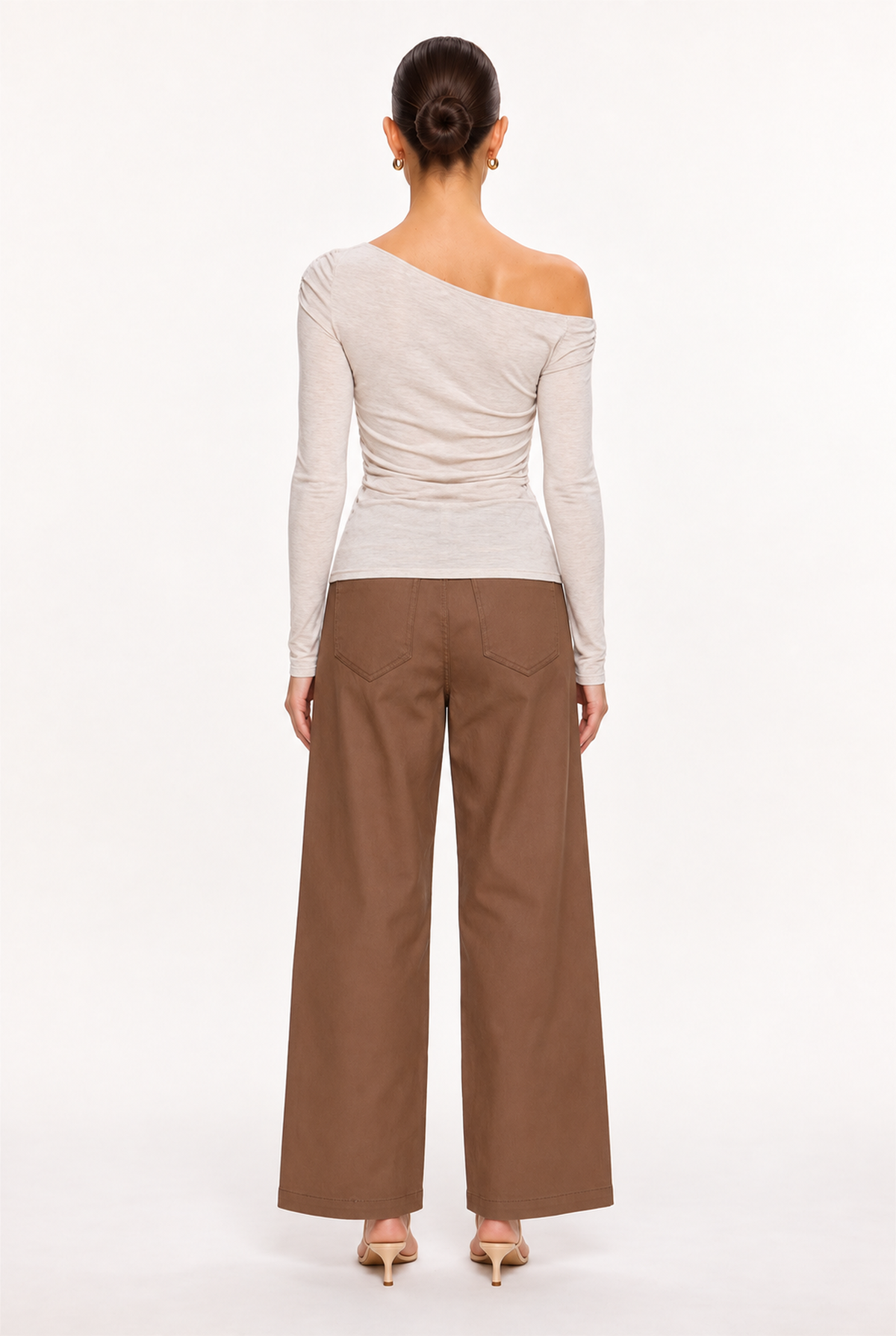BEIGE MARL ASYMMETRIC SHIRRED MODAL TOP - back view