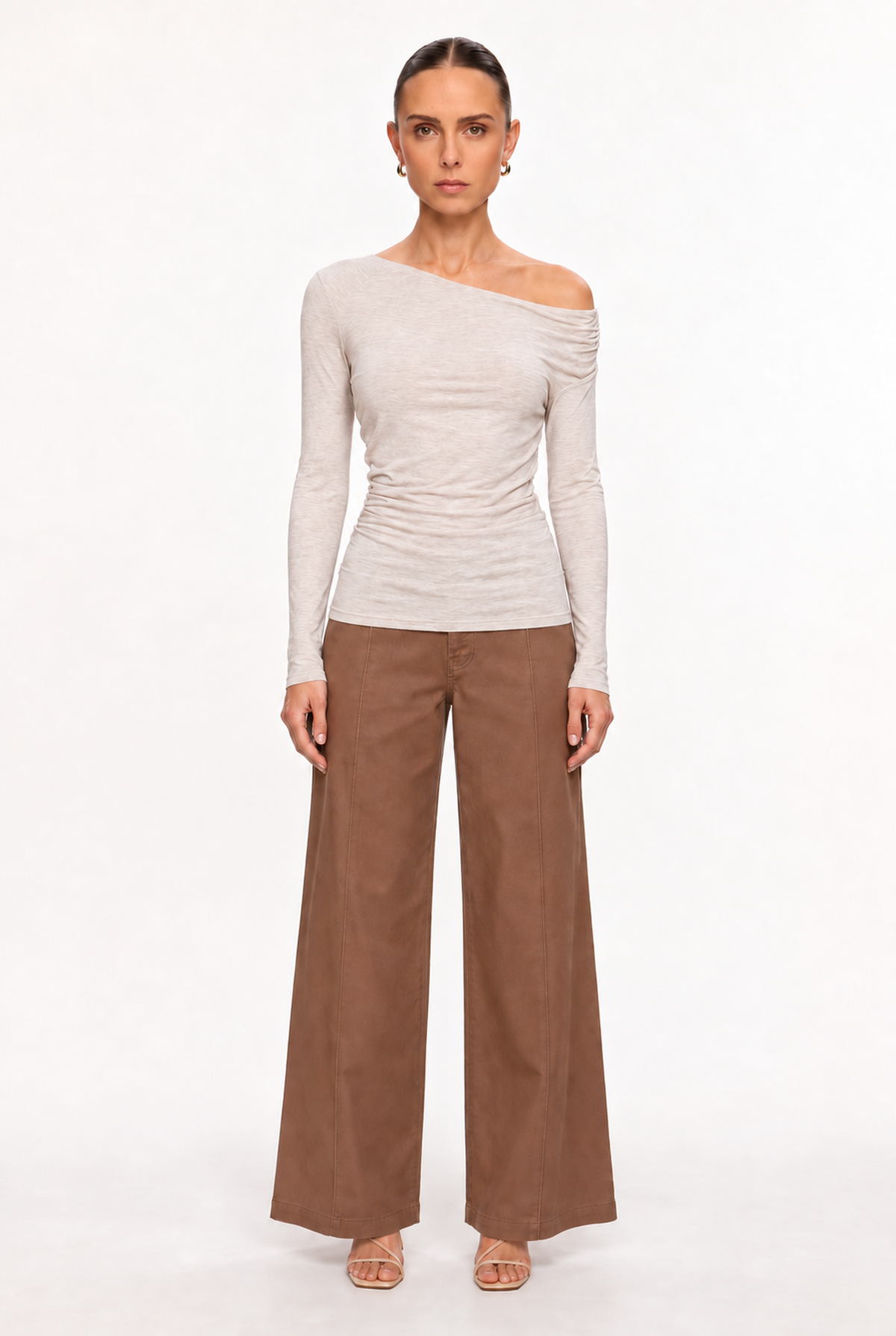 BEIGE MARL ASYMMETRIC SHIRRED MODAL TOP - front view