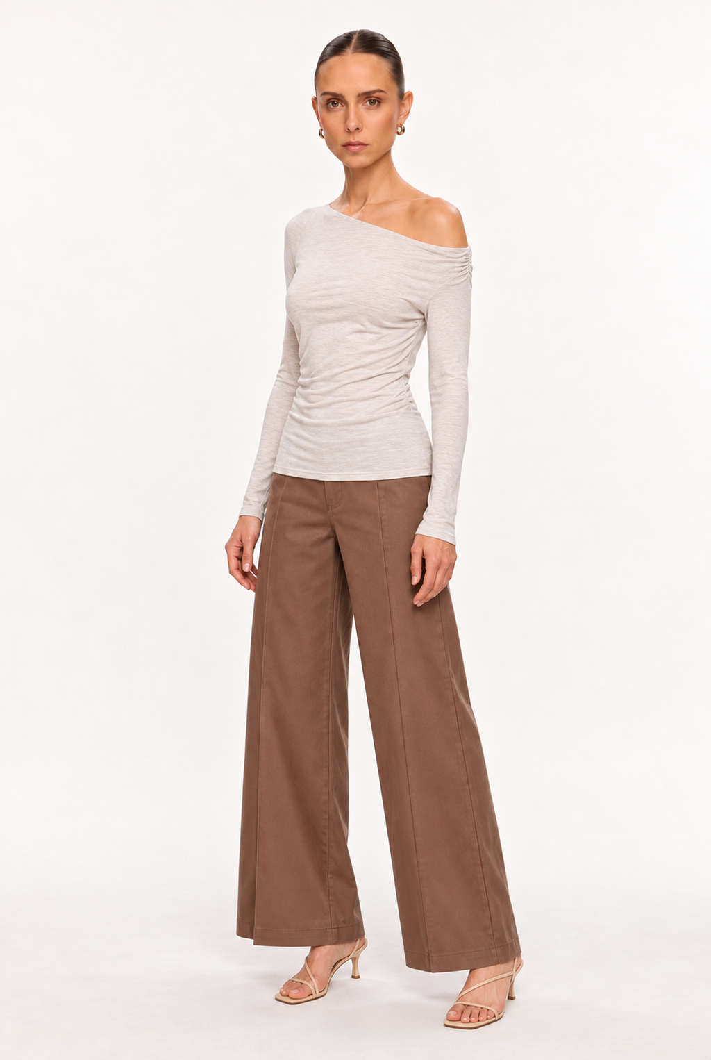 BEIGE MARL ASYMMETRIC SHIRRED MODAL TOP - three-quarter view