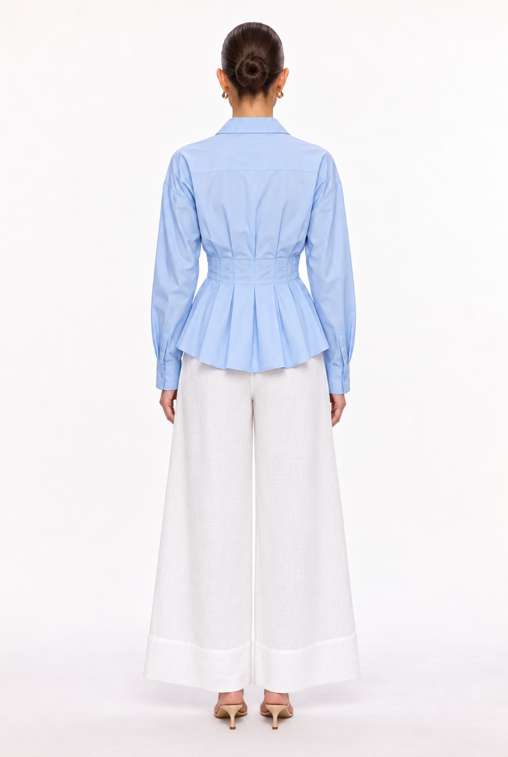 LIGHT BLUE WAIST-PLEATED POPLIN SHIRT - back view