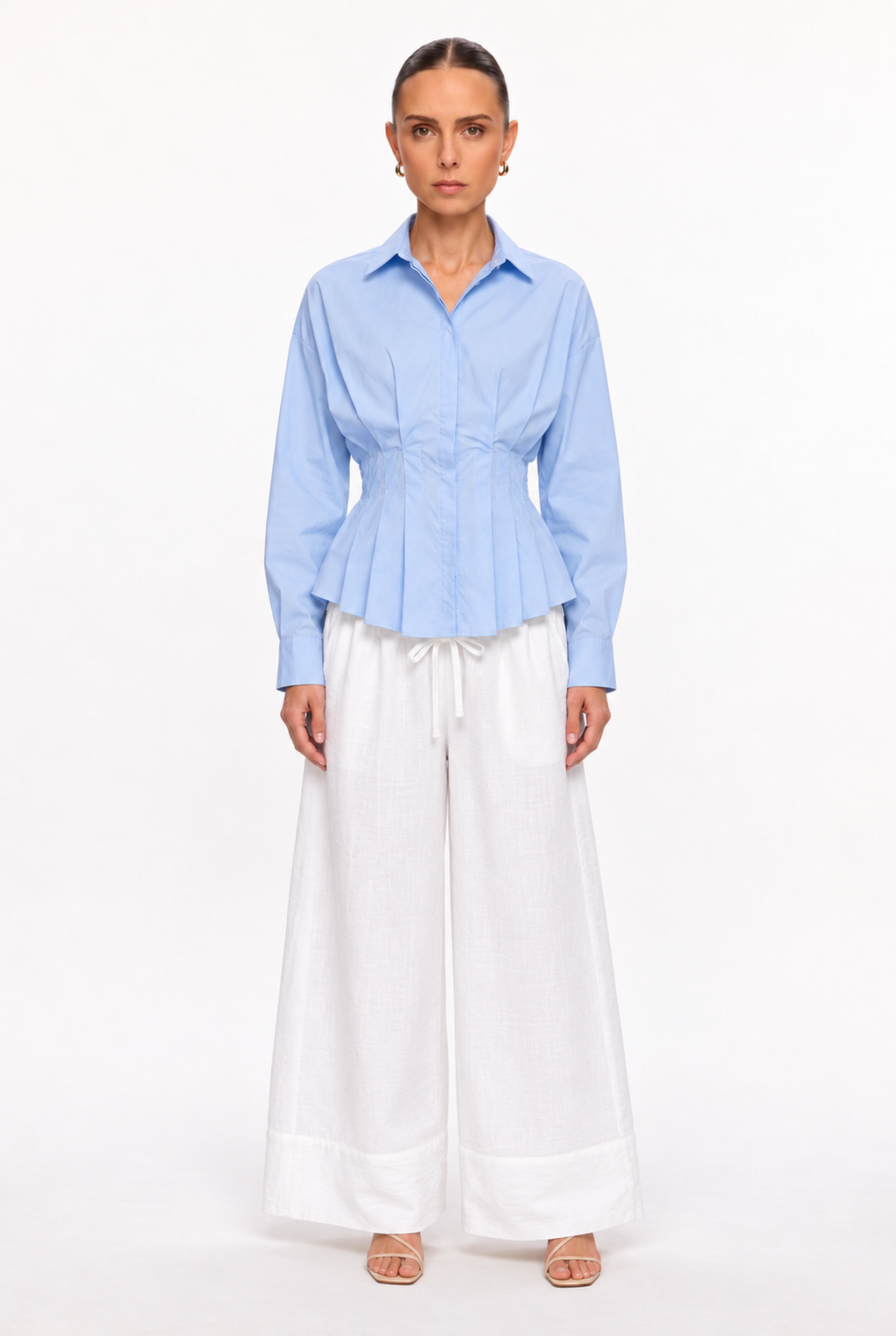 LIGHT BLUE WAIST-PLEATED POPLIN SHIRT - front view