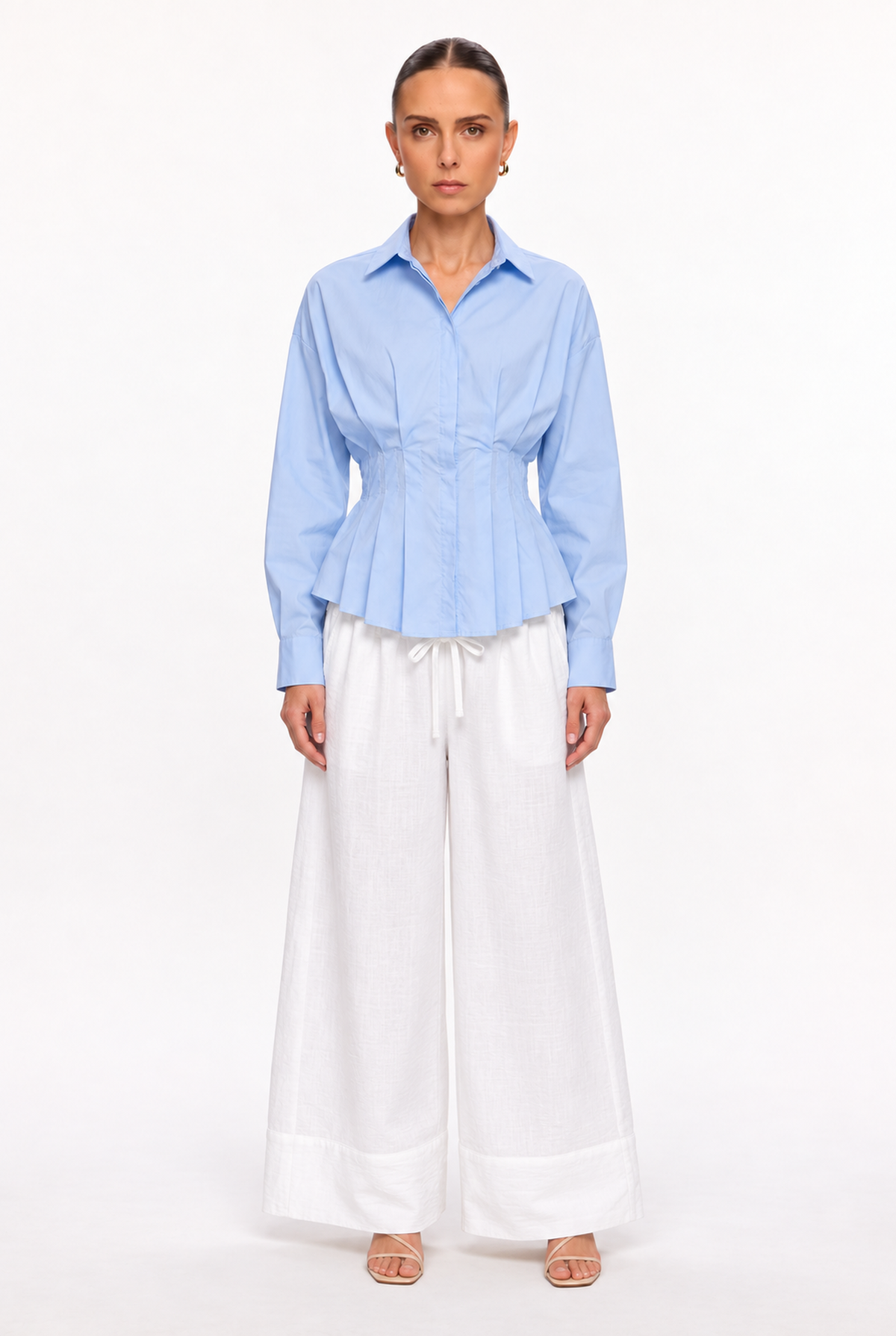 LIGHT BLUE WAIST-PLEATED POPLIN SHIRT - front view