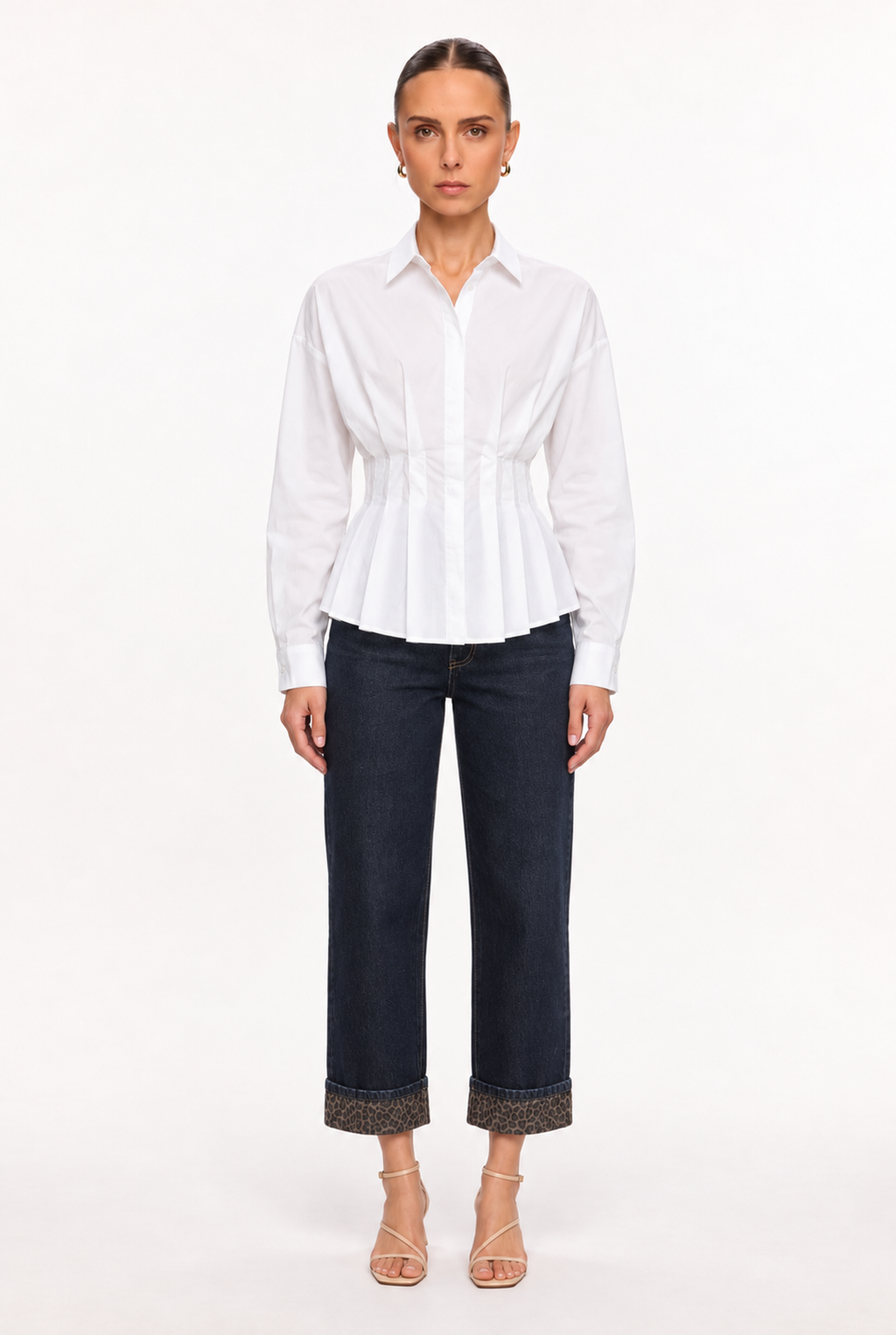 WHITE WAIST-PLEATED POPLIN SHIRT - front view