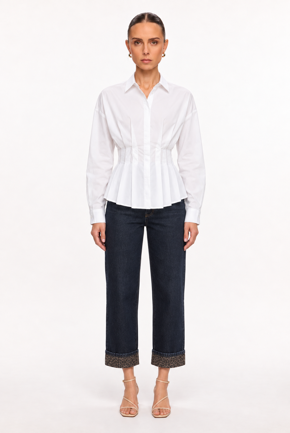 WHITE WAIST-PLEATED POPLIN SHIRT - front view