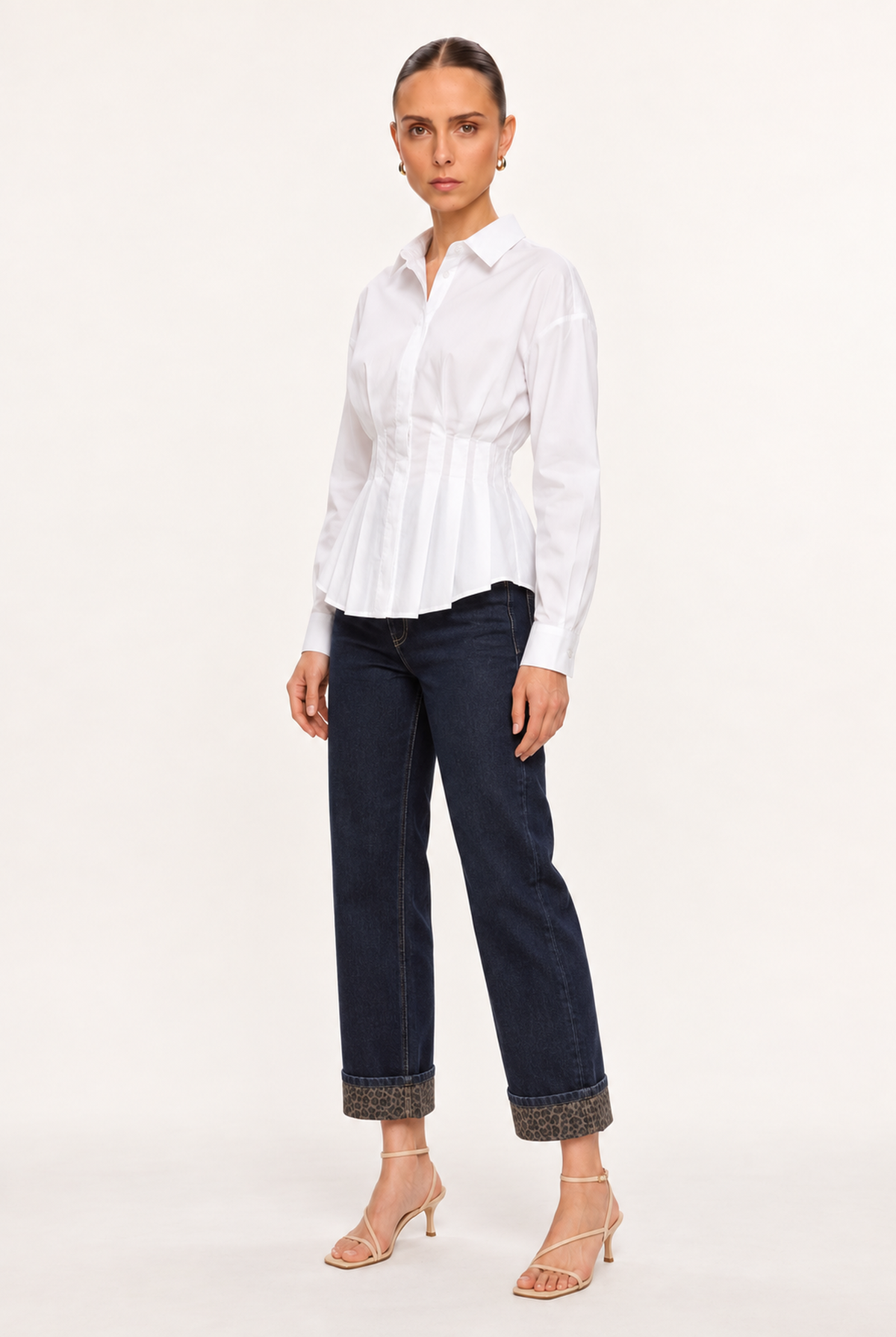 WHITE WAIST-PLEATED POPLIN SHIRT - three-quarter view