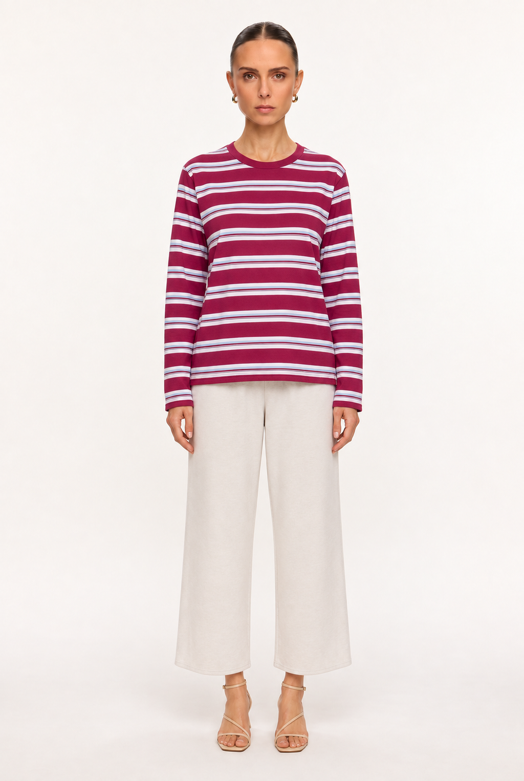 BURGUNDY MULTI-STRIPE KNIT TOP - front view