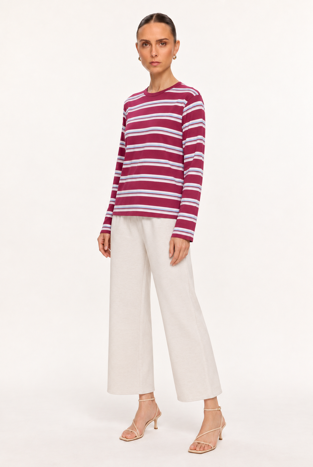 BURGUNDY MULTI-STRIPE KNIT TOP - three-quarter view