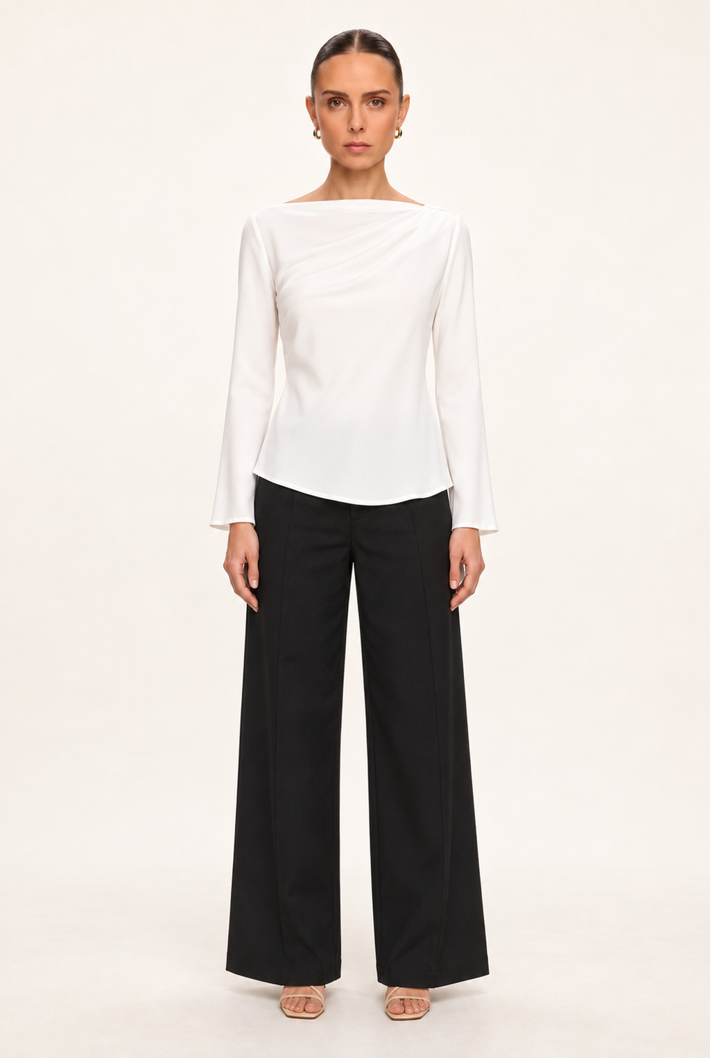 IVORY DRAPED BOAT-NECK BLOUSE - front view