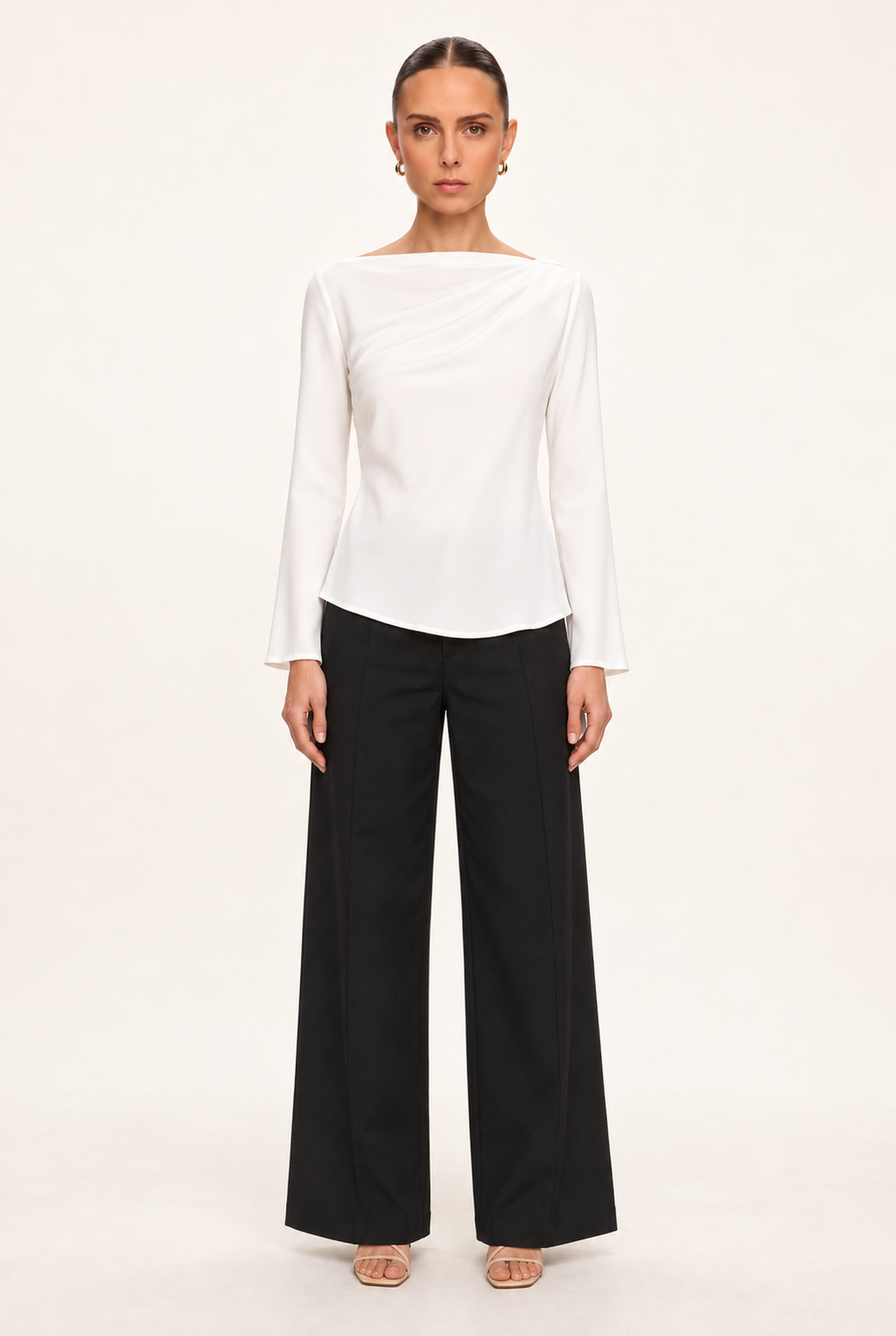 IVORY DRAPED BOAT-NECK BLOUSE - front view
