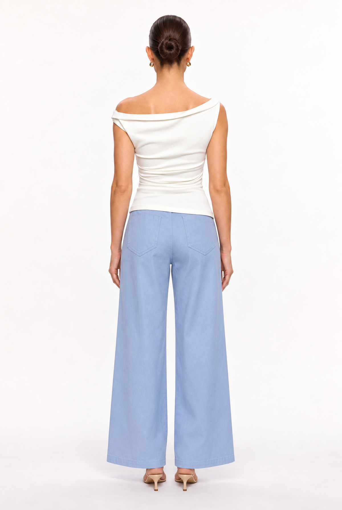 IVORY OFF-SHOULDER RUCHED KNIT TOP - back view